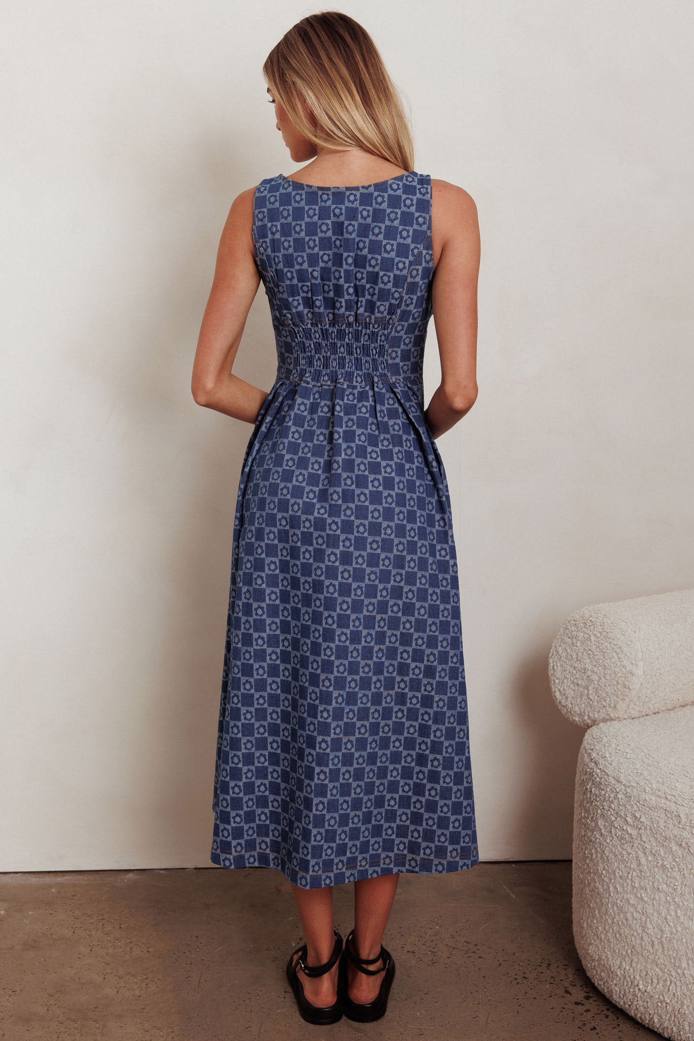 Hair Down Square Neck A-Line Midi Dress Floral Denim-Maymioy