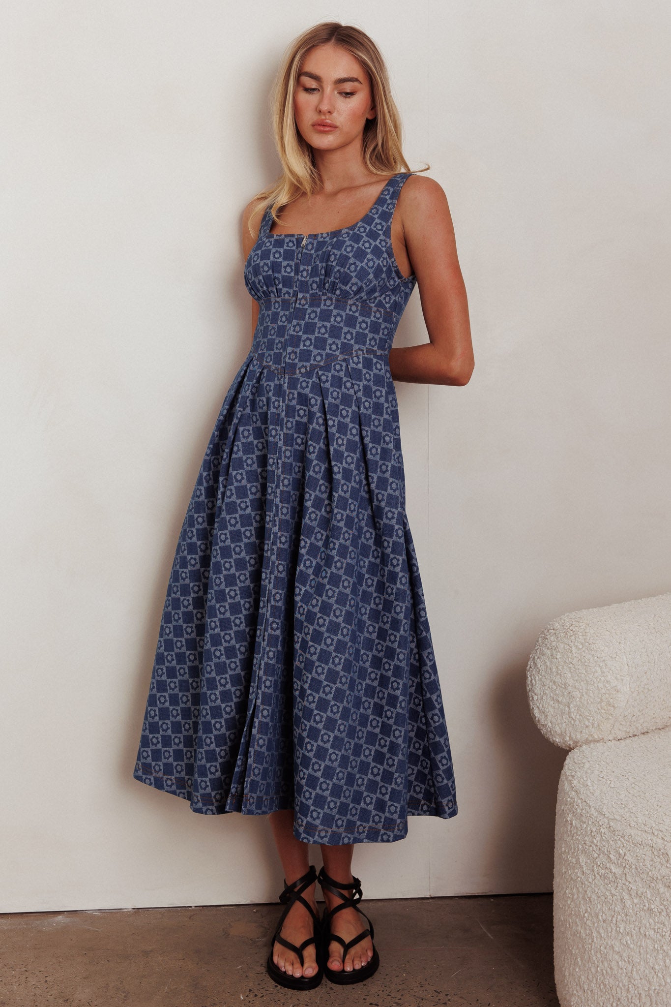 Hair Down Square Neck A-Line Midi Dress Floral Denim-Maymioy