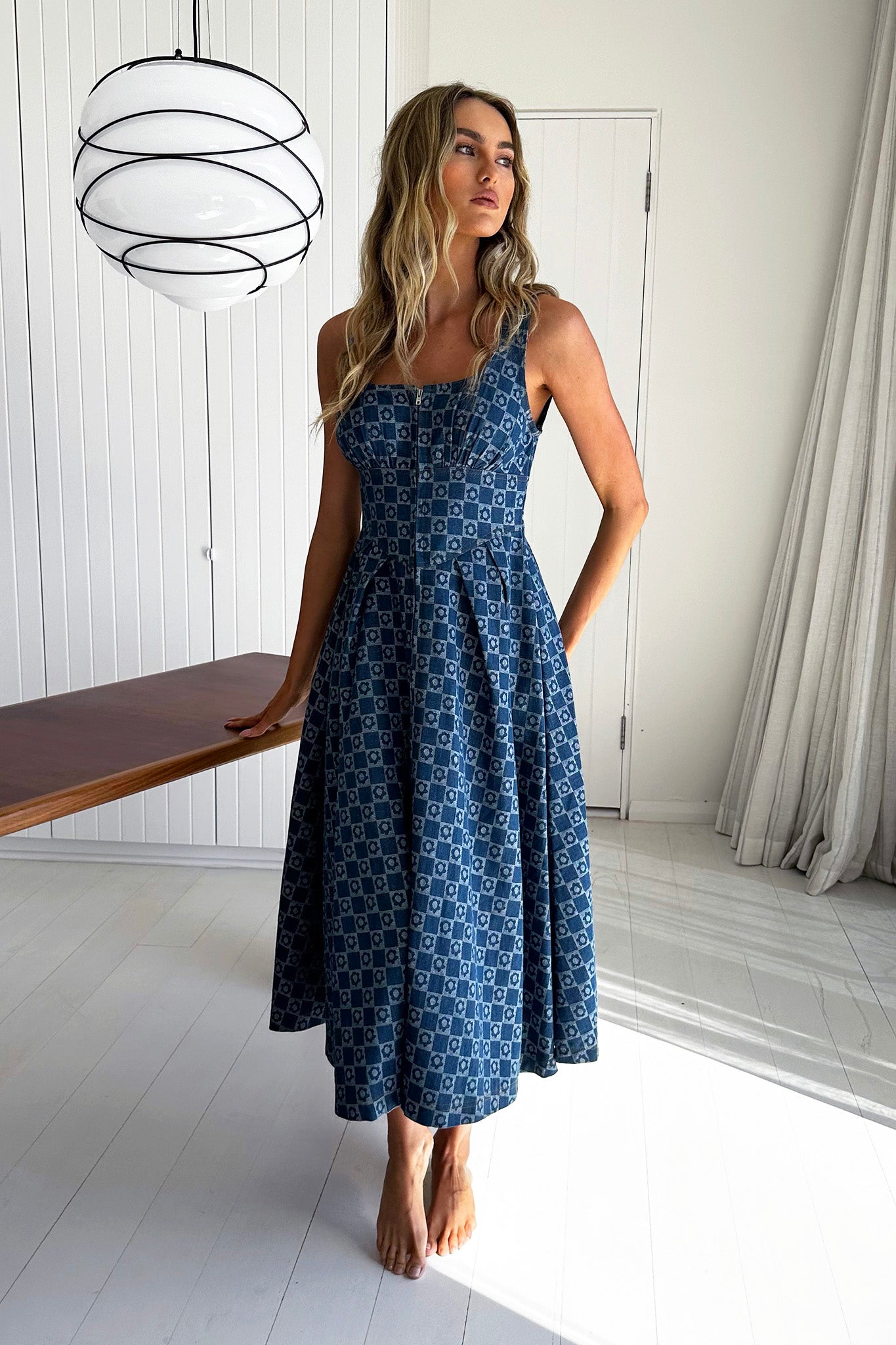 Hair Down Square Neck A-Line Midi Dress Floral Denim-Maymioy