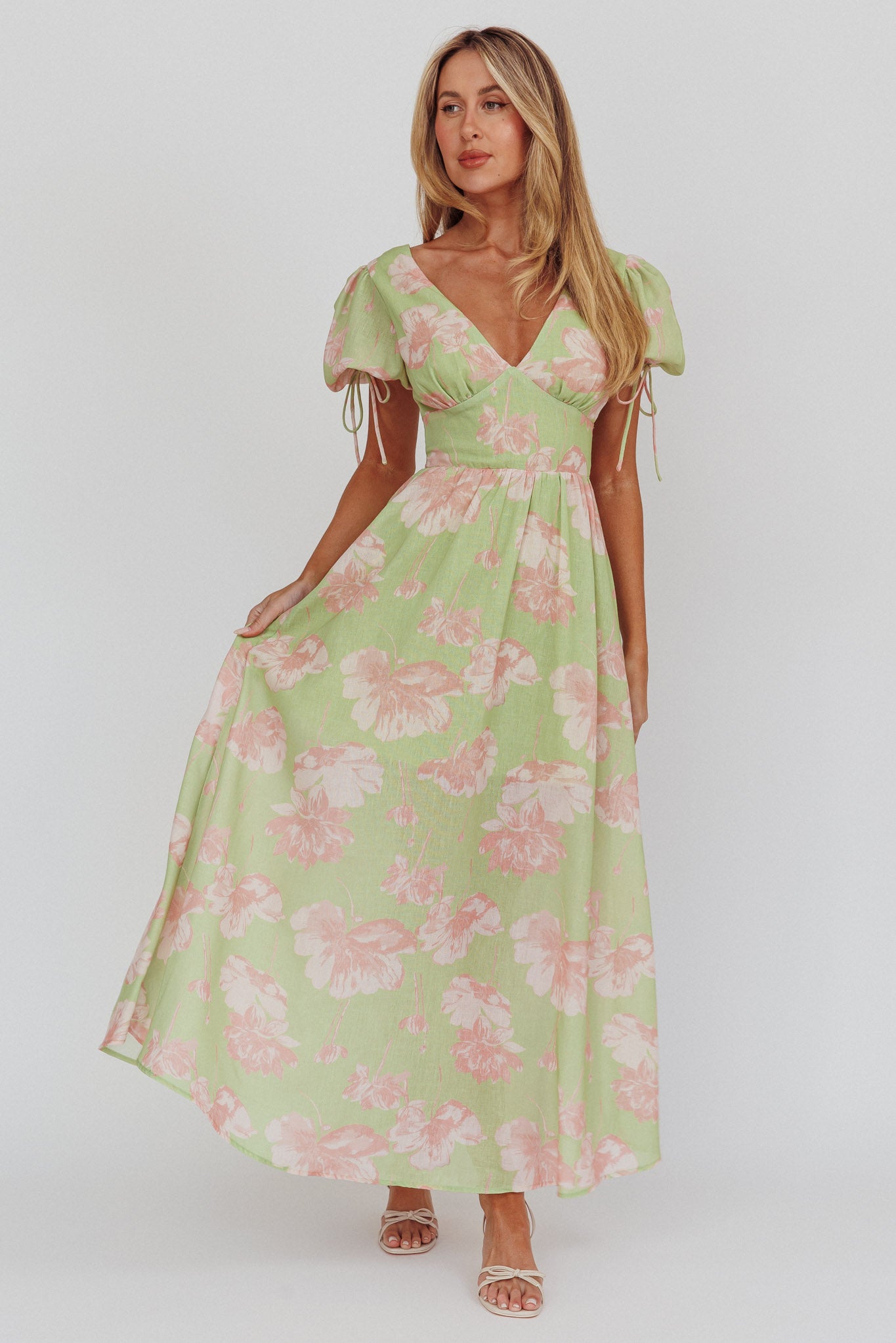 Loveberry Puff Sleeve A-Line Maxi Dress Green-Maymioy