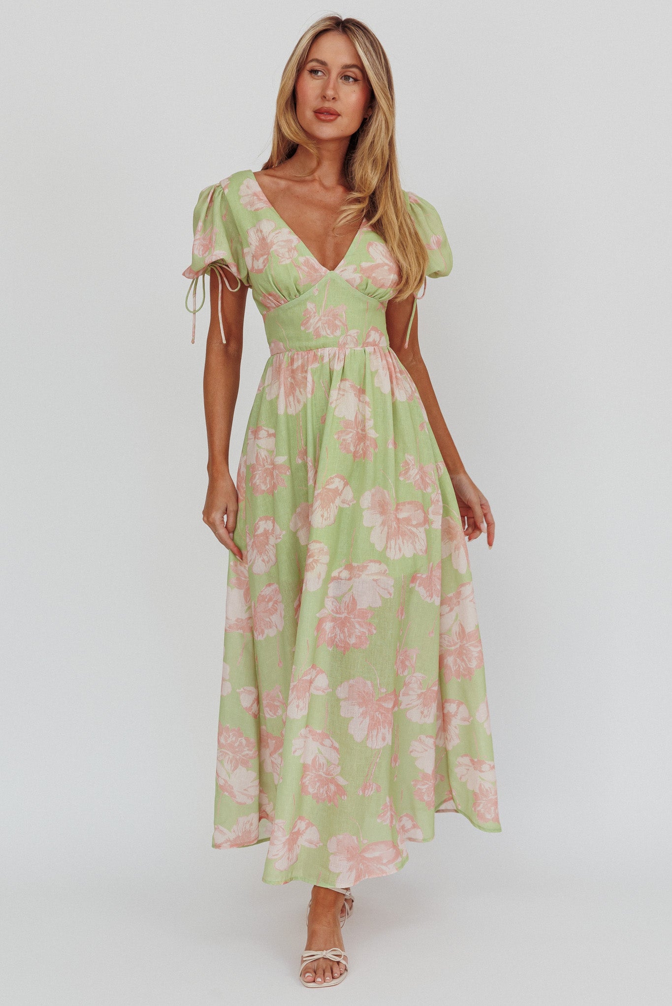 Loveberry Puff Sleeve A-Line Maxi Dress Green-Maymioy