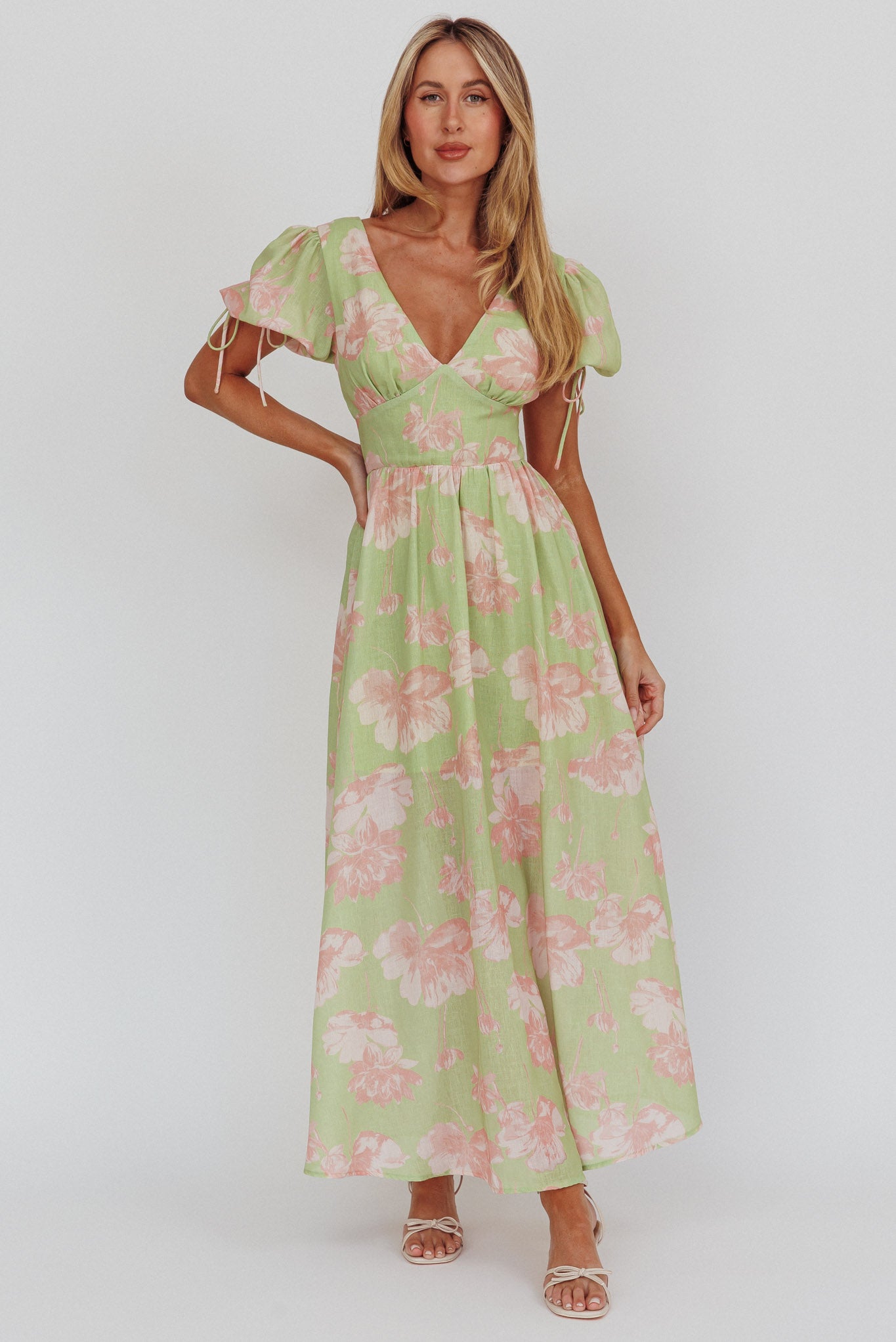 Loveberry Puff Sleeve A-Line Maxi Dress Green-Maymioy