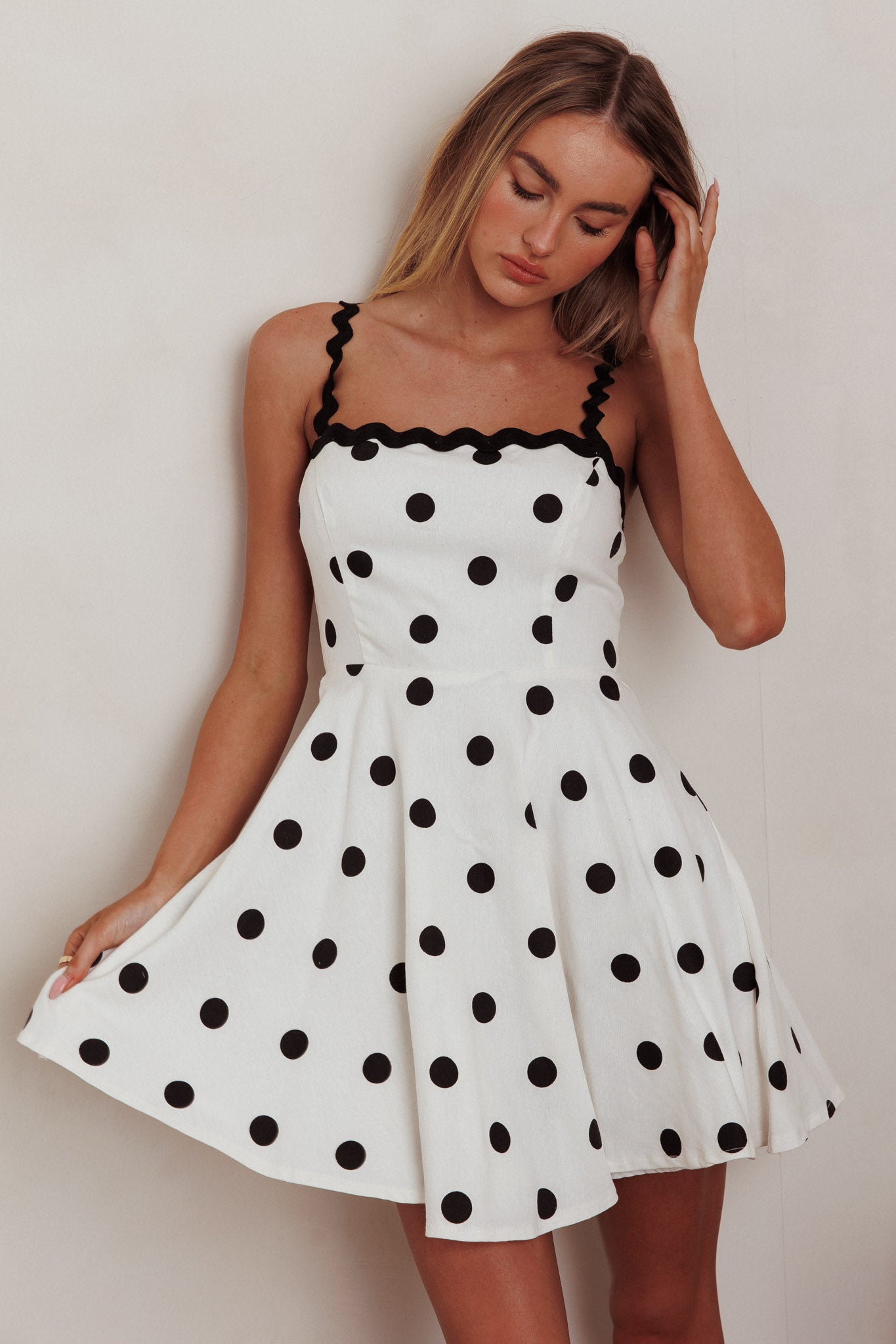 Won Me Over Polka Dot Ric Rac Mini Dress White-Maymioy