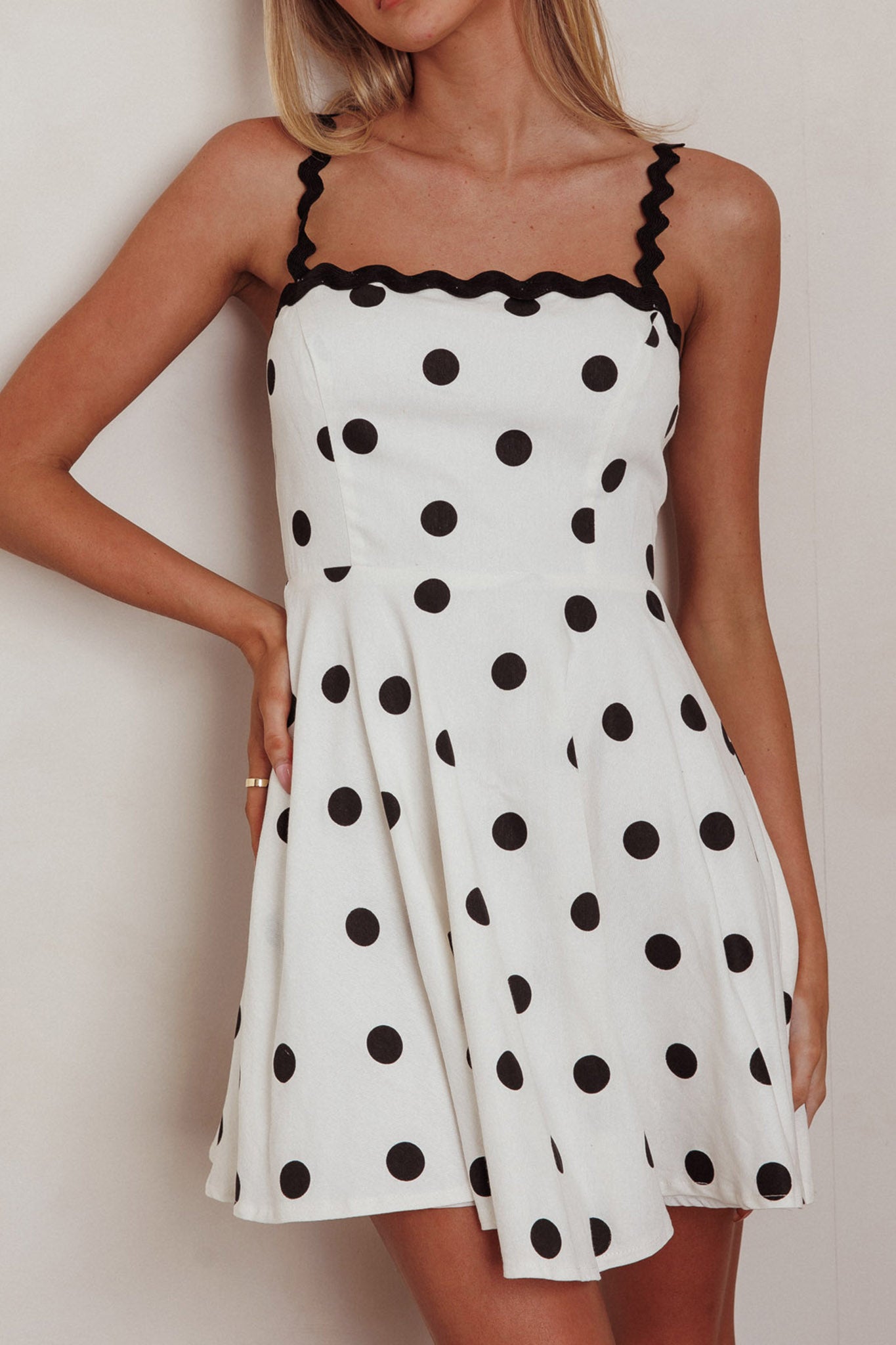 Won Me Over Polka Dot Ric Rac Mini Dress White-Maymioy