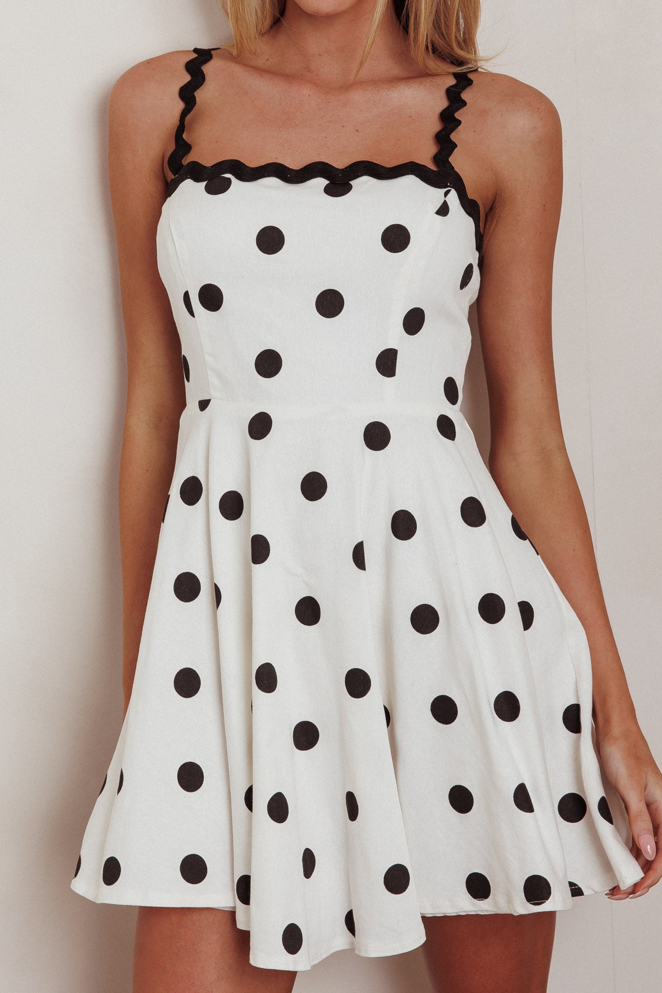 Won Me Over Polka Dot Ric Rac Mini Dress White-Maymioy