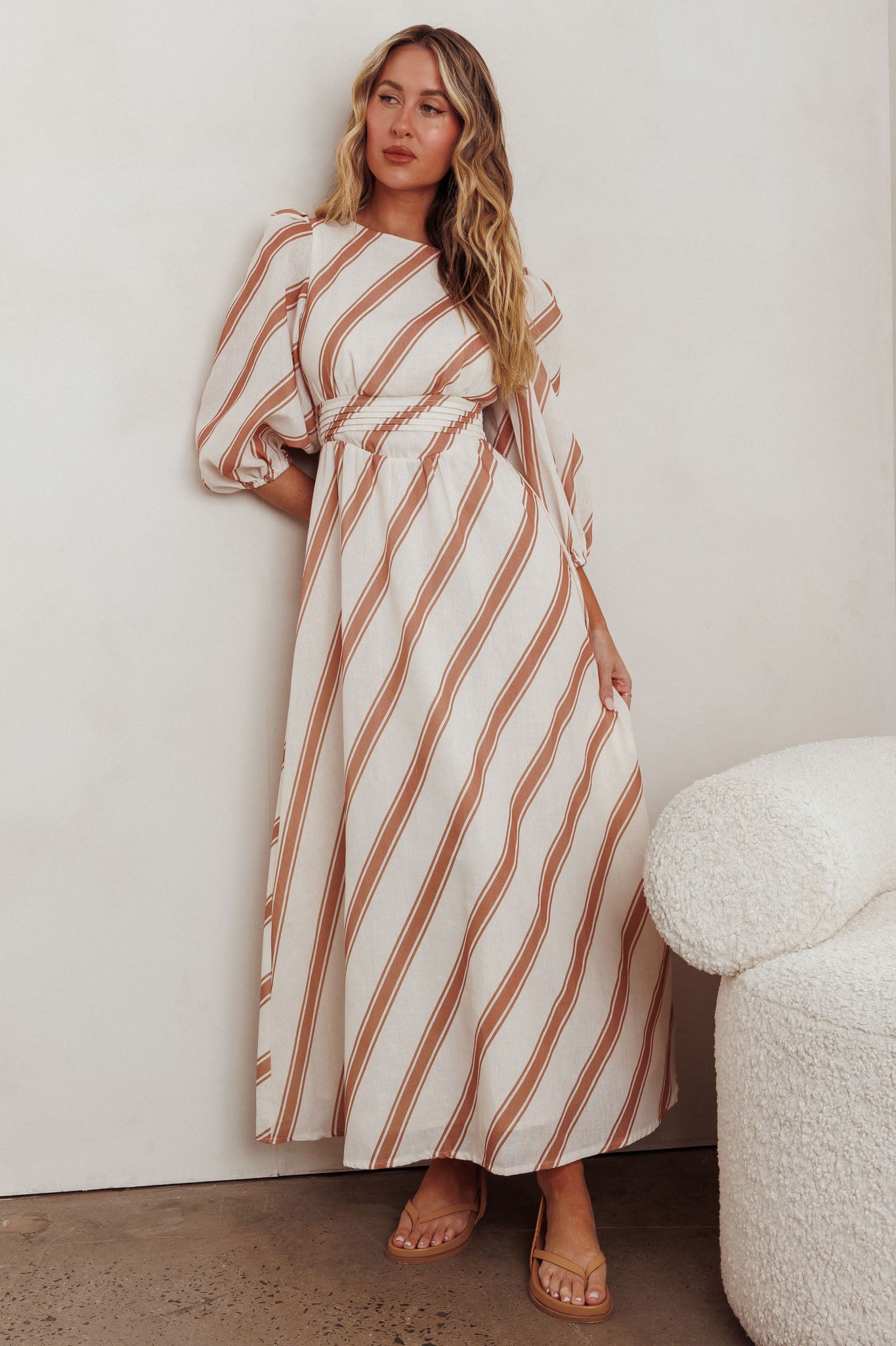 Transcendent Puff Sleeves Striped Maxi Dress Tan-Maymioy
