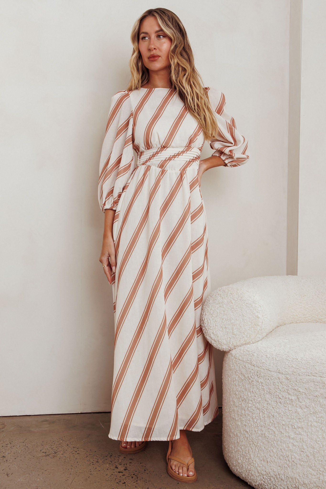 Transcendent Puff Sleeves Striped Maxi Dress Tan-Maymioy