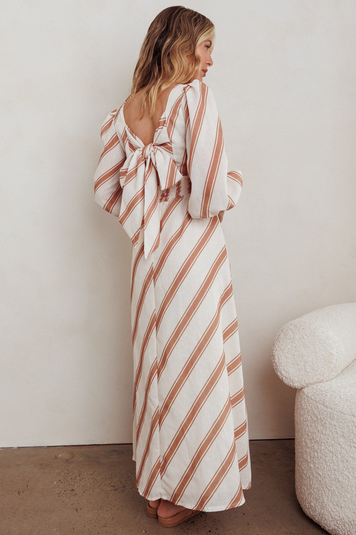 Transcendent Puff Sleeves Striped Maxi Dress Tan-Maymioy