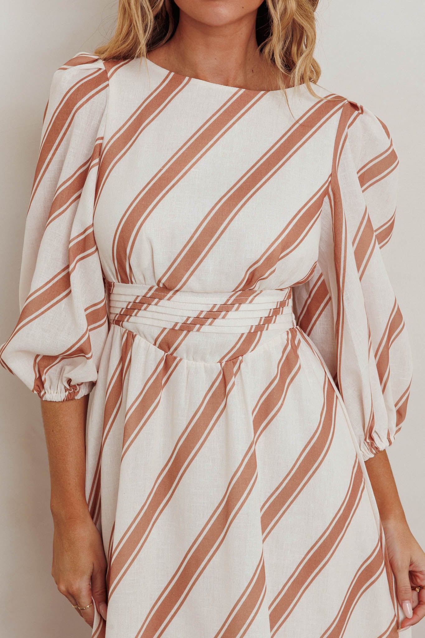 Transcendent Puff Sleeves Striped Maxi Dress Tan-Maymioy