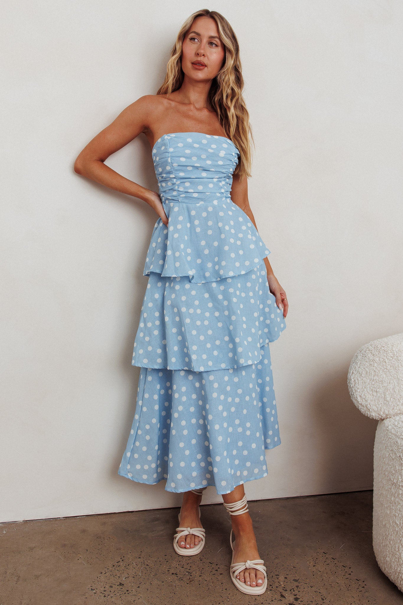 Lorcan Strapless Ruffle Dotted Midi Dress Blue-Maymioy