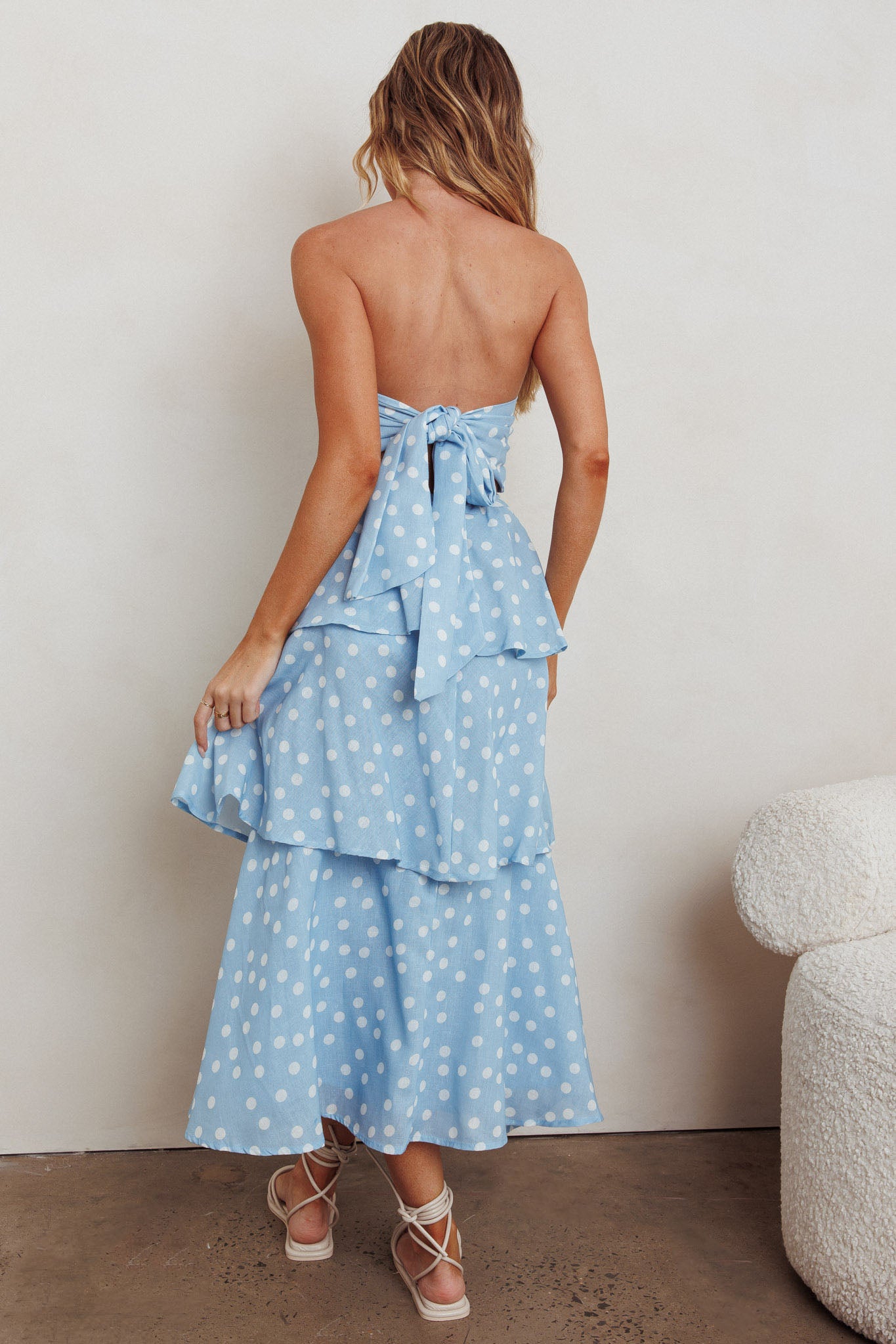 Lorcan Strapless Ruffle Dotted Midi Dress Blue-Maymioy