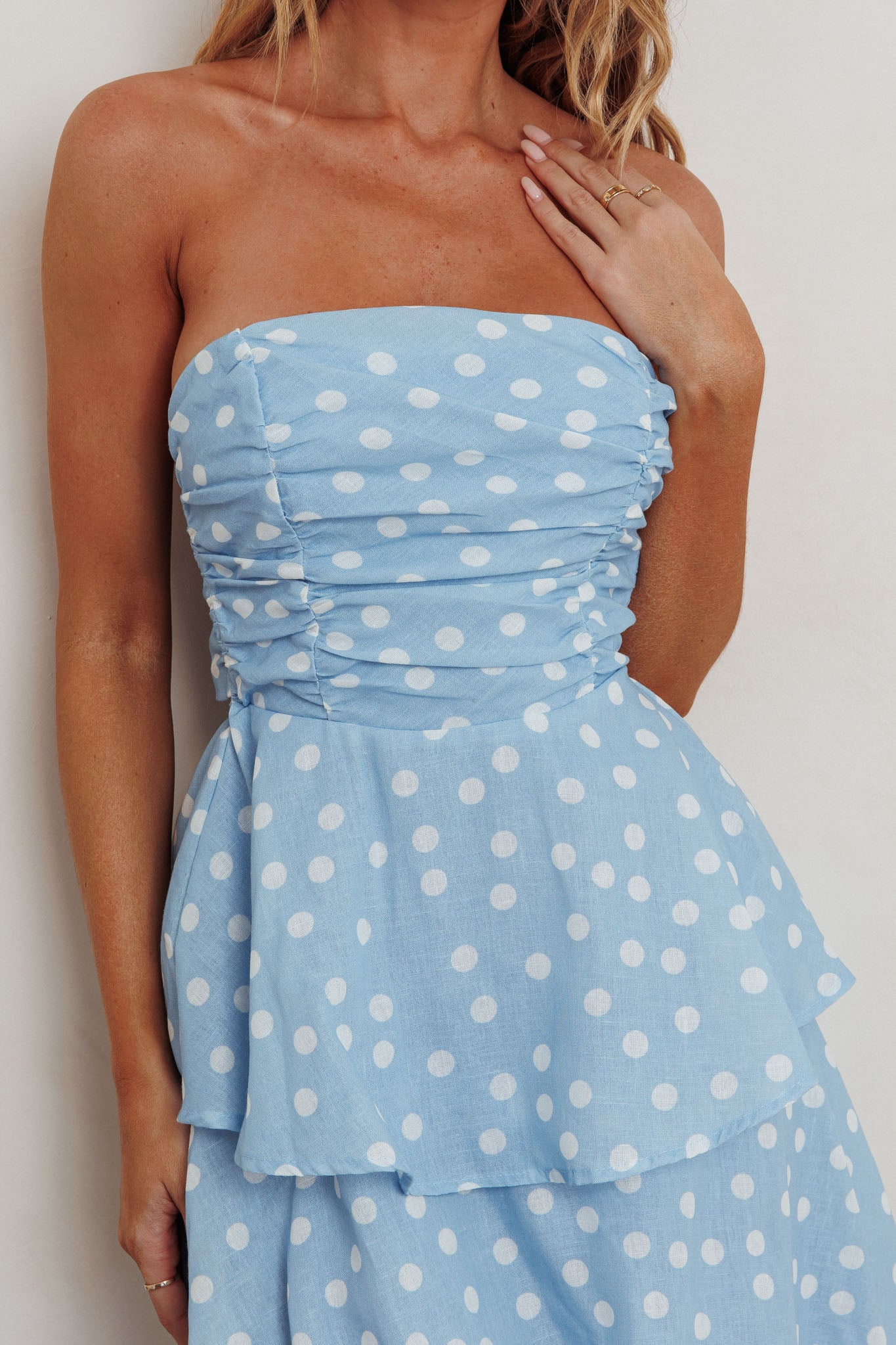 Lorcan Strapless Ruffle Dotted Midi Dress Blue-Maymioy