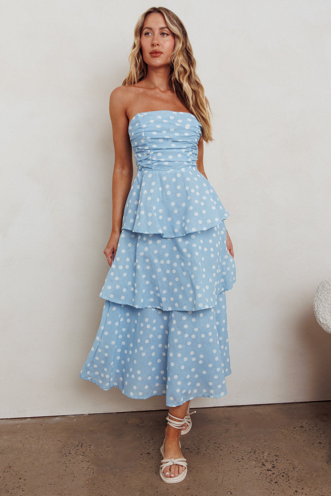 Lorcan Strapless Ruffle Dotted Midi Dress Blue-Maymioy