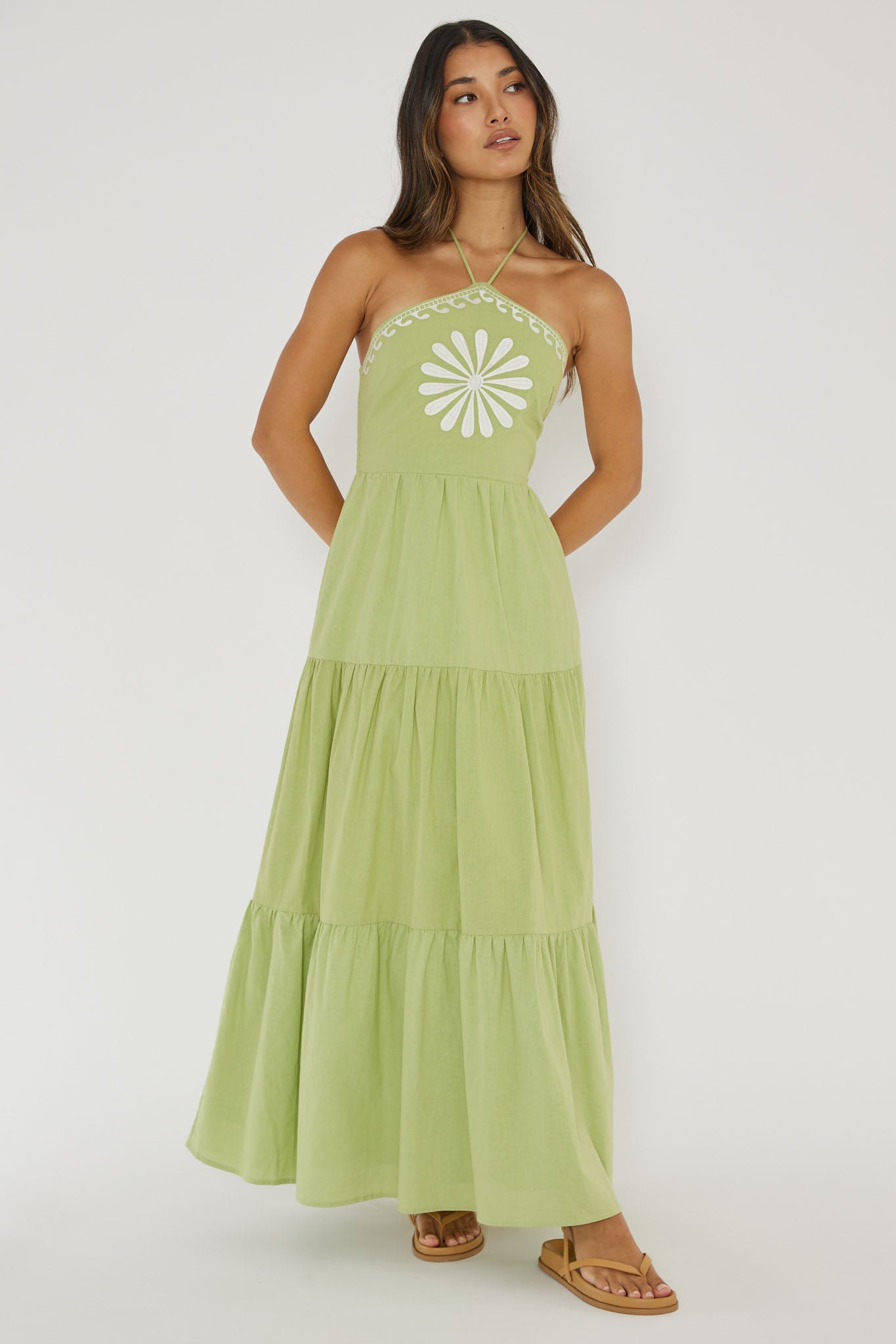 Life Elixir Halterneck Embroidered Maxi Dress Green-Maymioy