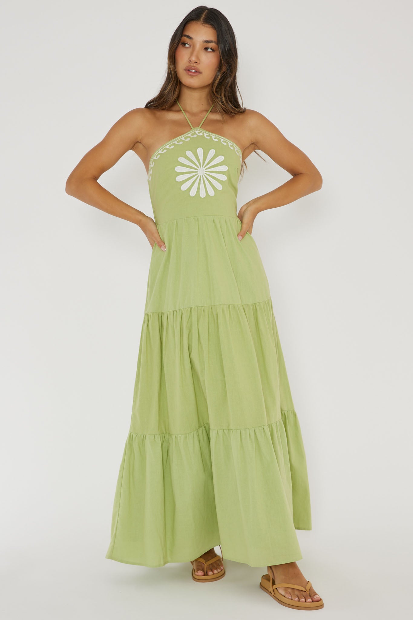Life Elixir Halterneck Embroidered Maxi Dress Green-Maymioy