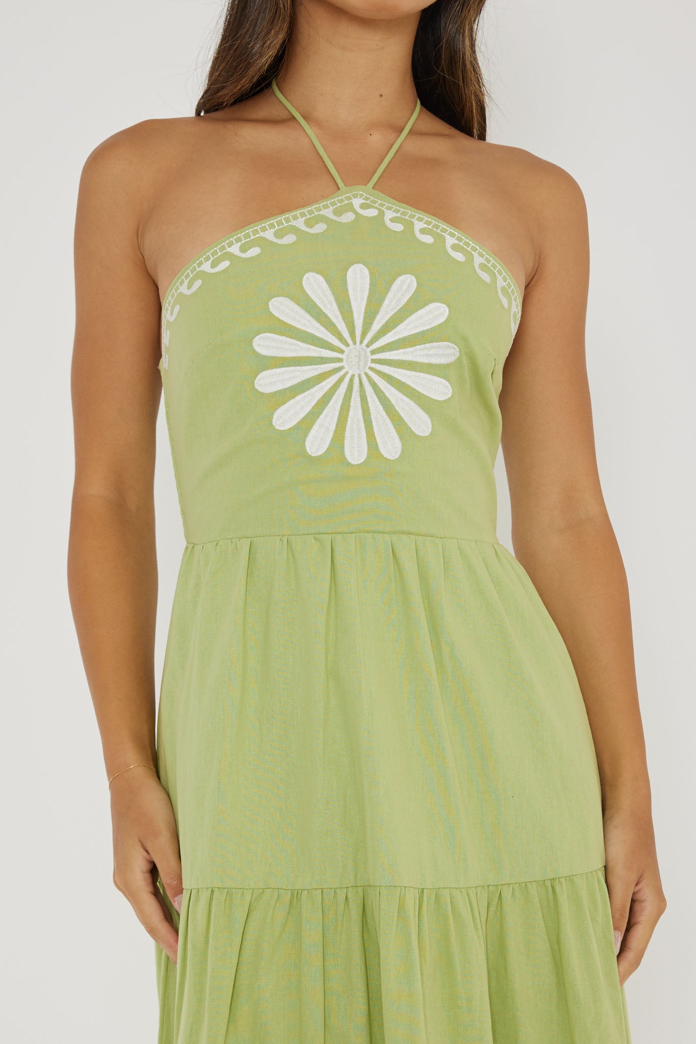 Life Elixir Halterneck Embroidered Maxi Dress Green-Maymioy