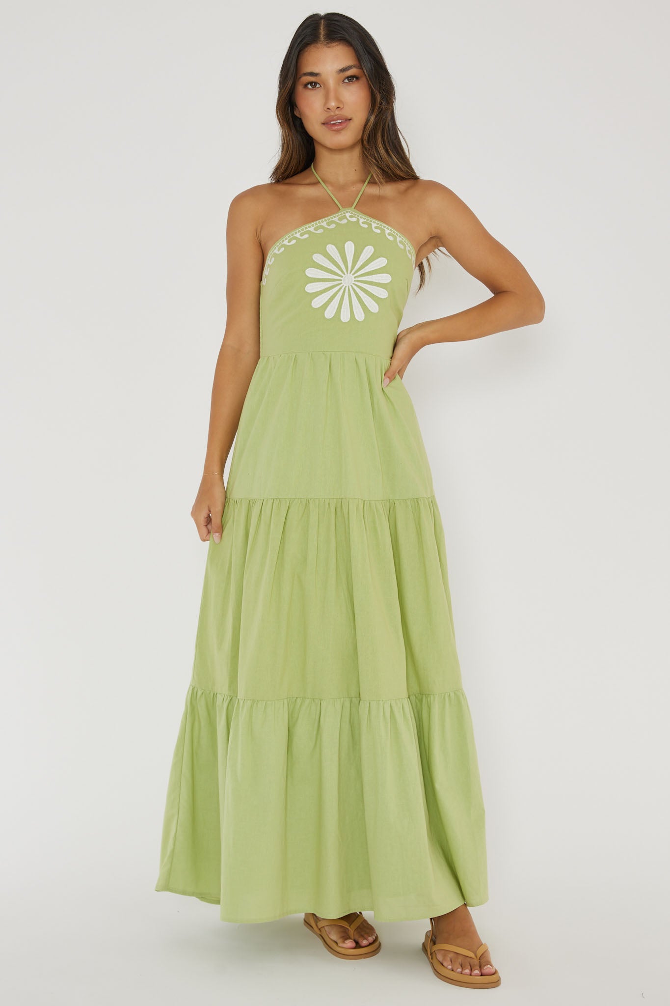 Life Elixir Halterneck Embroidered Maxi Dress Green-Maymioy