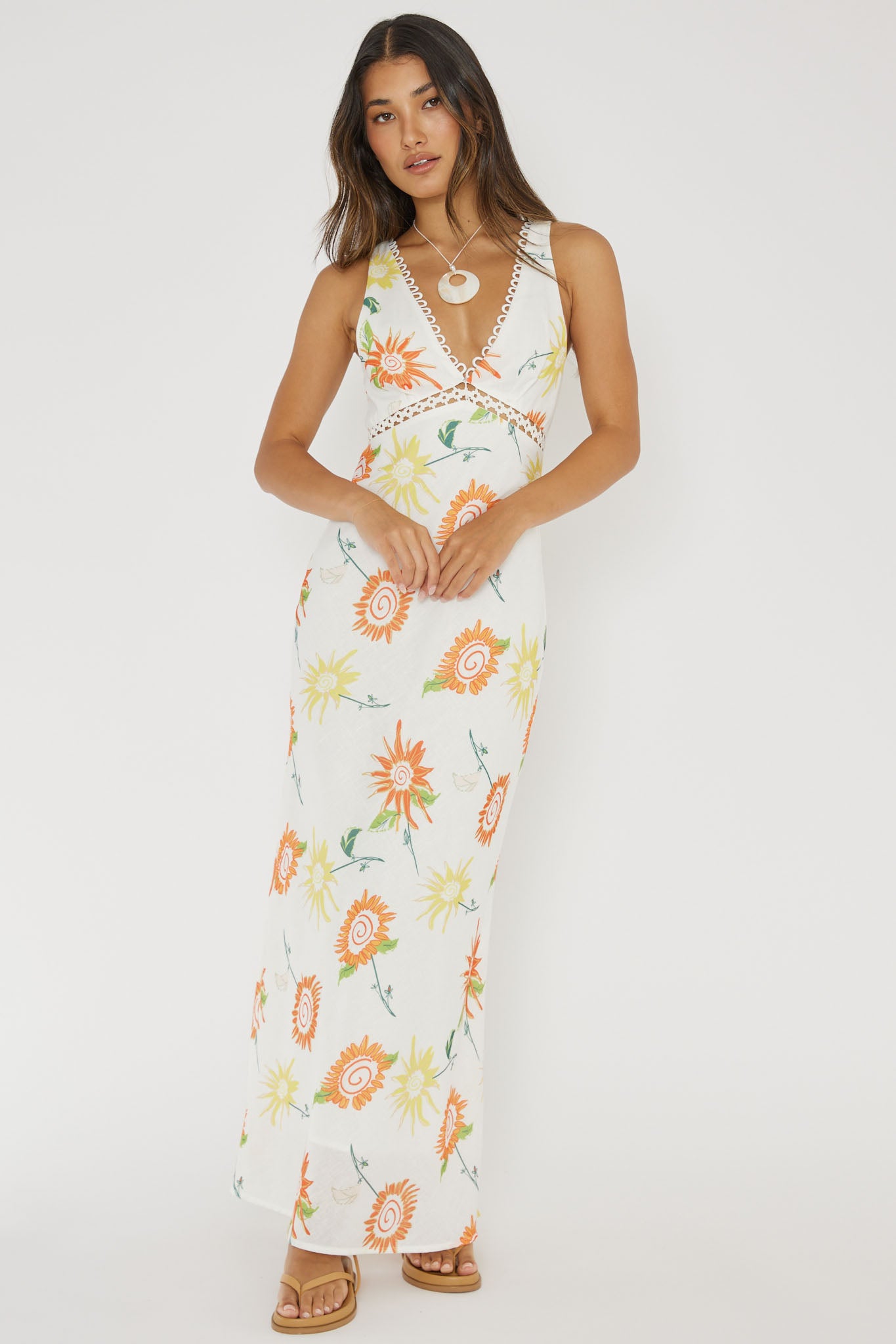 Cambria Crochet Trim Maxi Dress Flower Orange-Maymioy