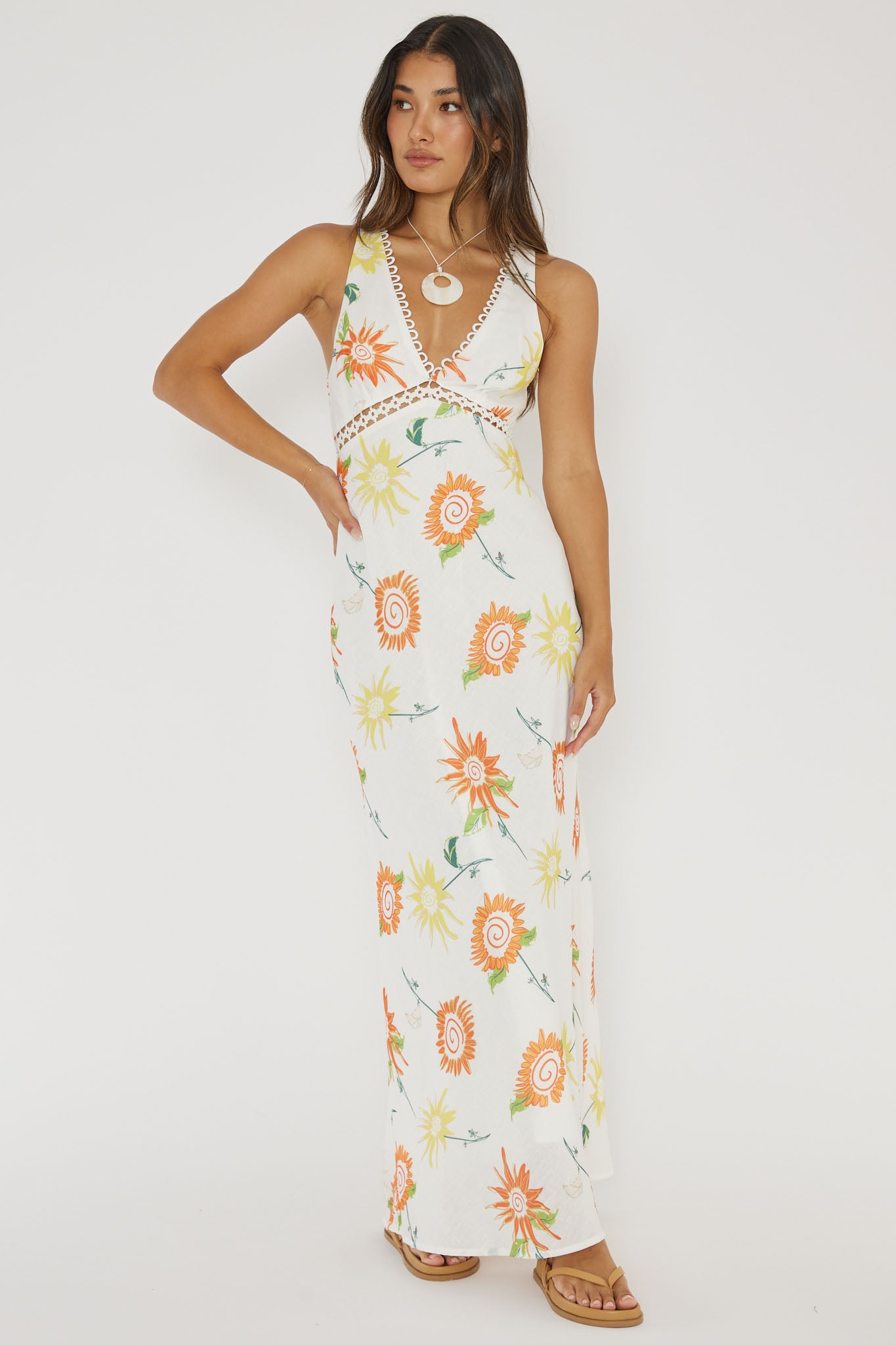 Cambria Crochet Trim Maxi Dress Flower Orange-Maymioy