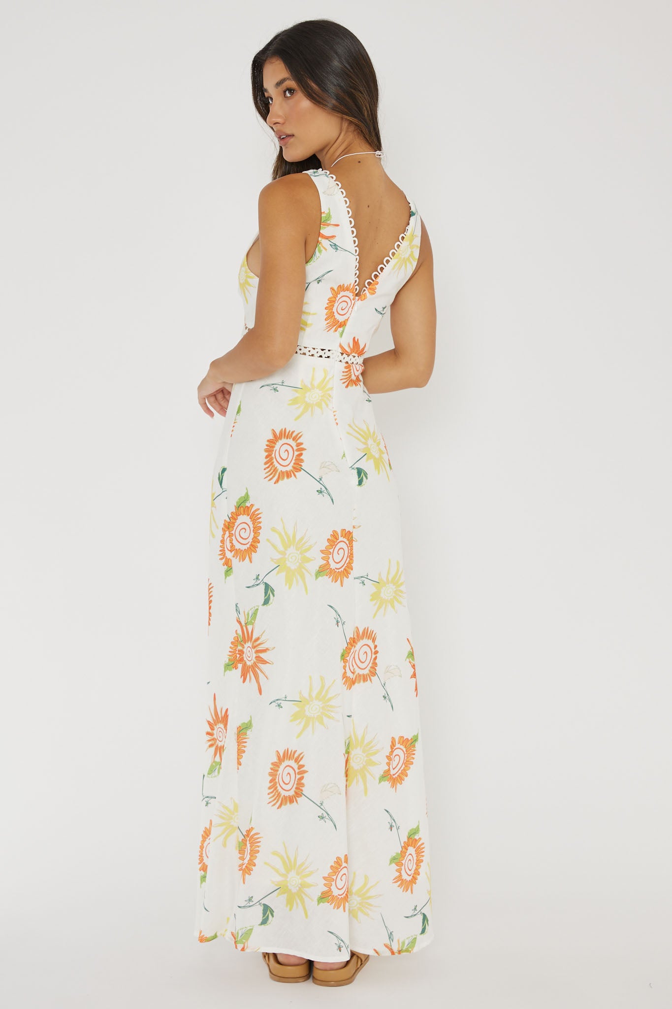 Cambria Crochet Trim Maxi Dress Flower Orange-Maymioy
