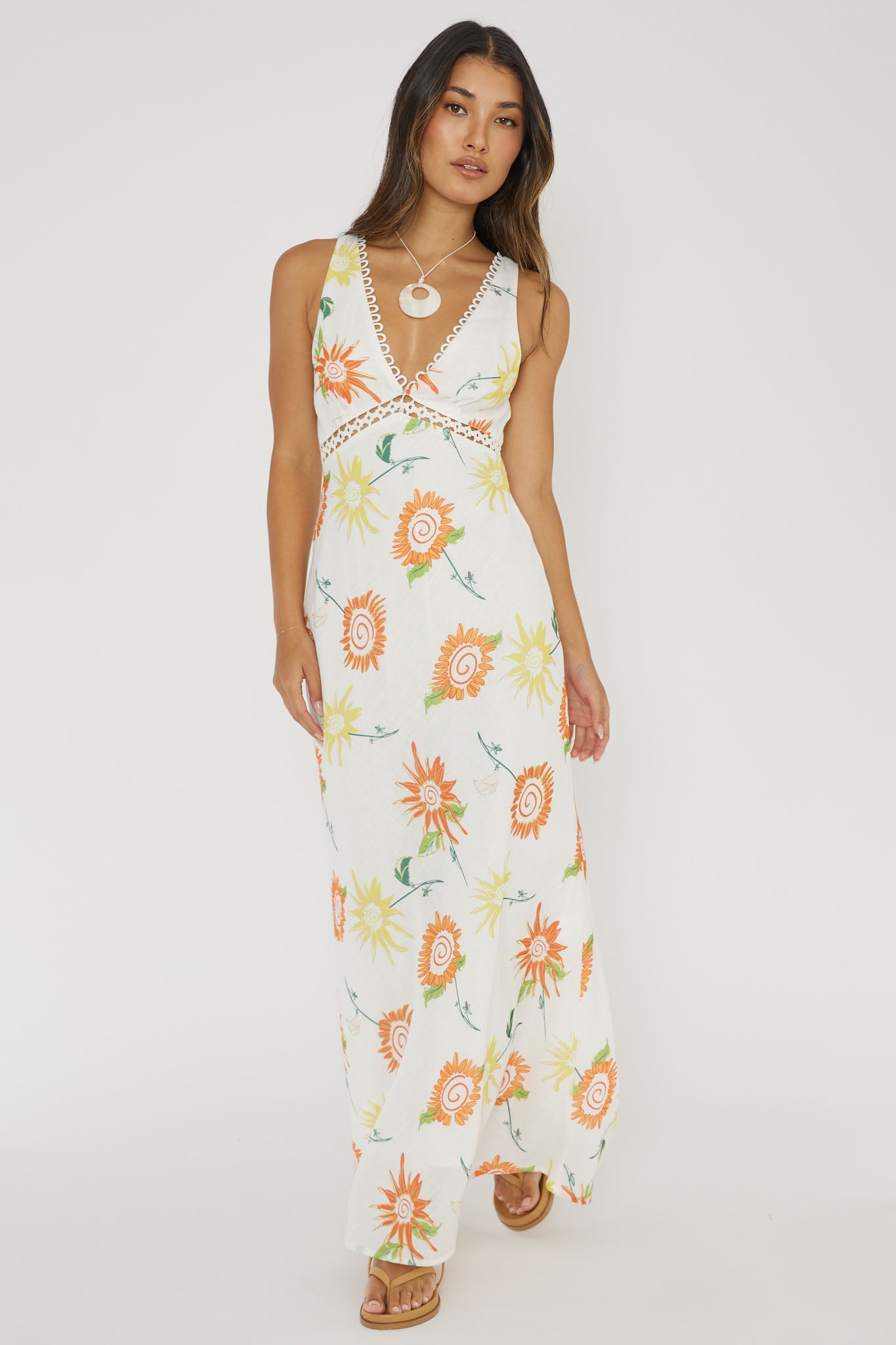 Cambria Crochet Trim Maxi Dress Flower Orange-Maymioy