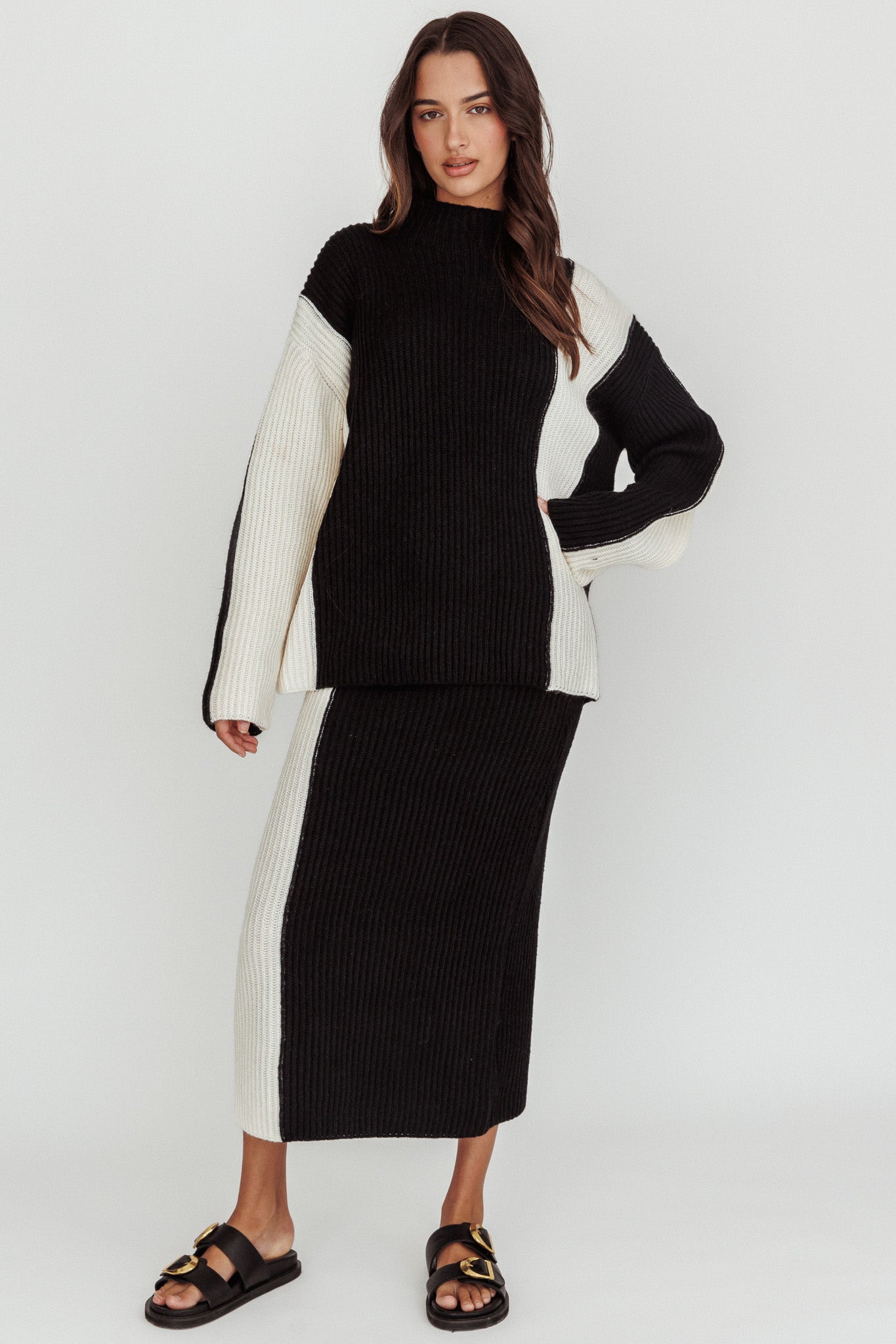 Eos Ribbed Knit Midi Skirt Black Cream-Maymioy