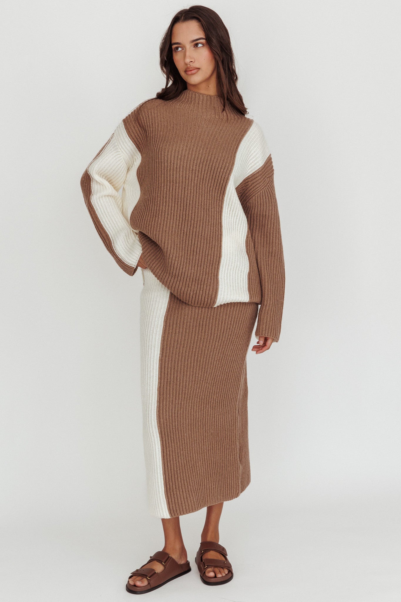 Eos Ribbed Knit Midi Skirt Mocha Cream-Maymioy