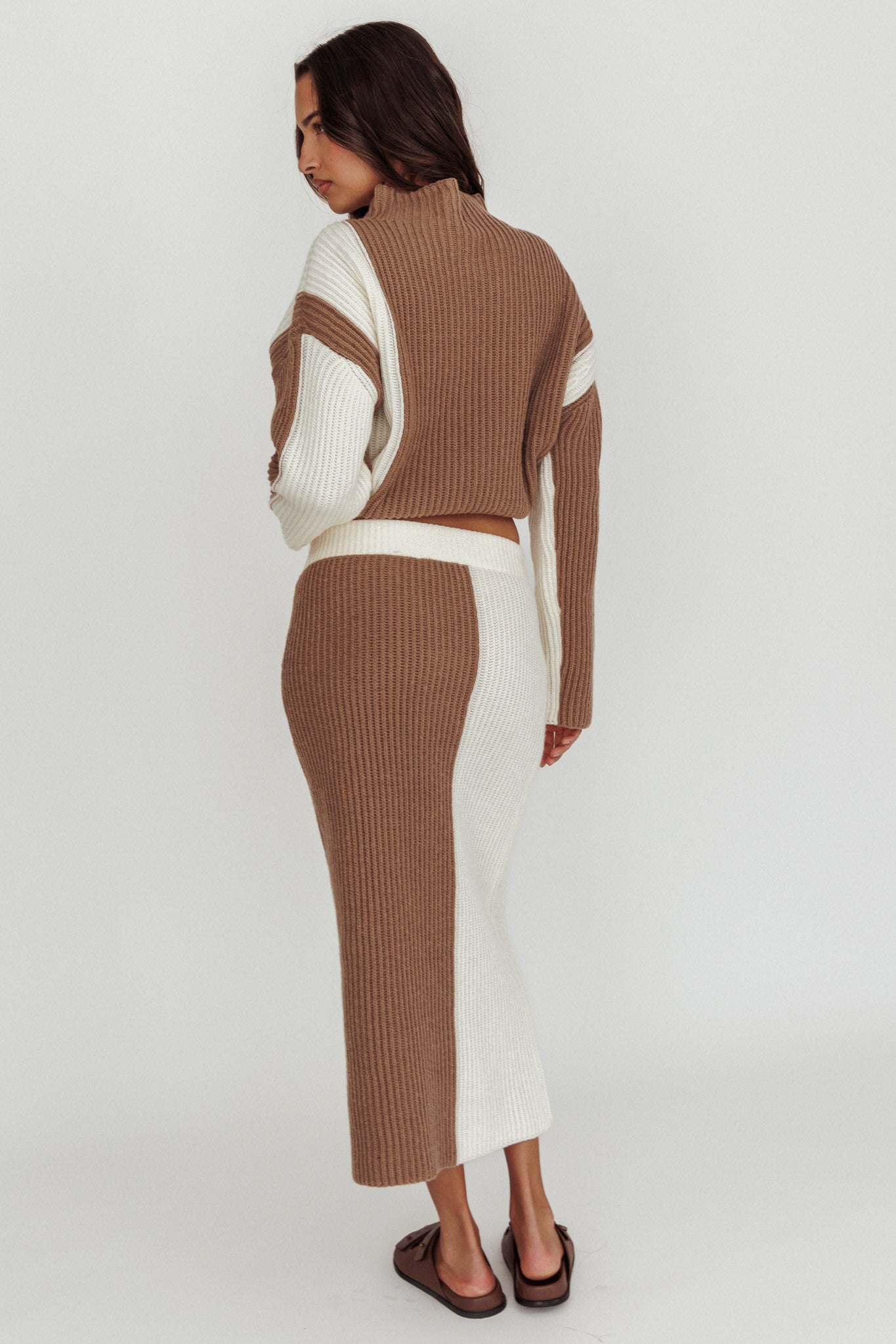 Eos Ribbed Knit Midi Skirt Mocha Cream-Maymioy