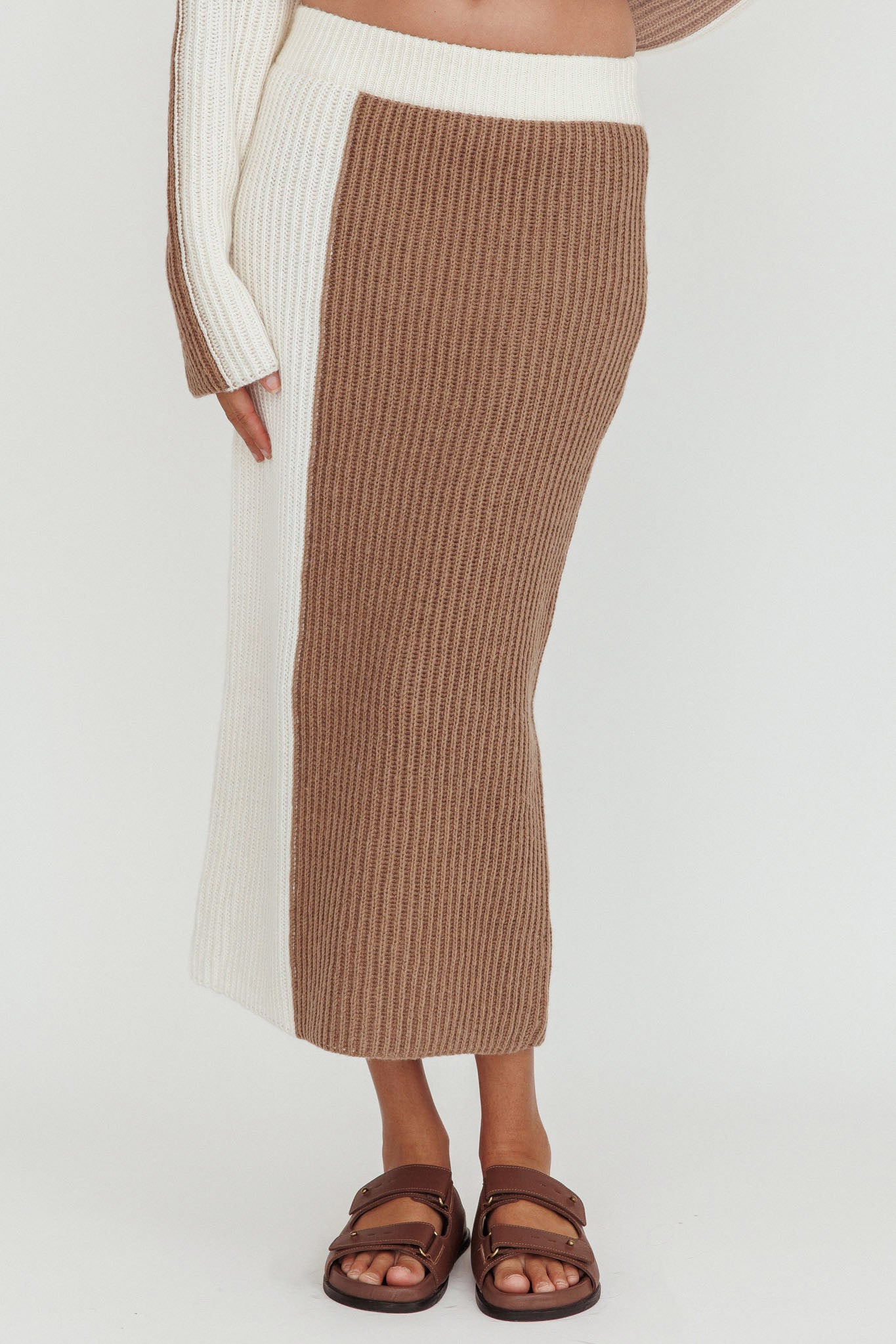 Eos Ribbed Knit Midi Skirt Mocha Cream-Maymioy