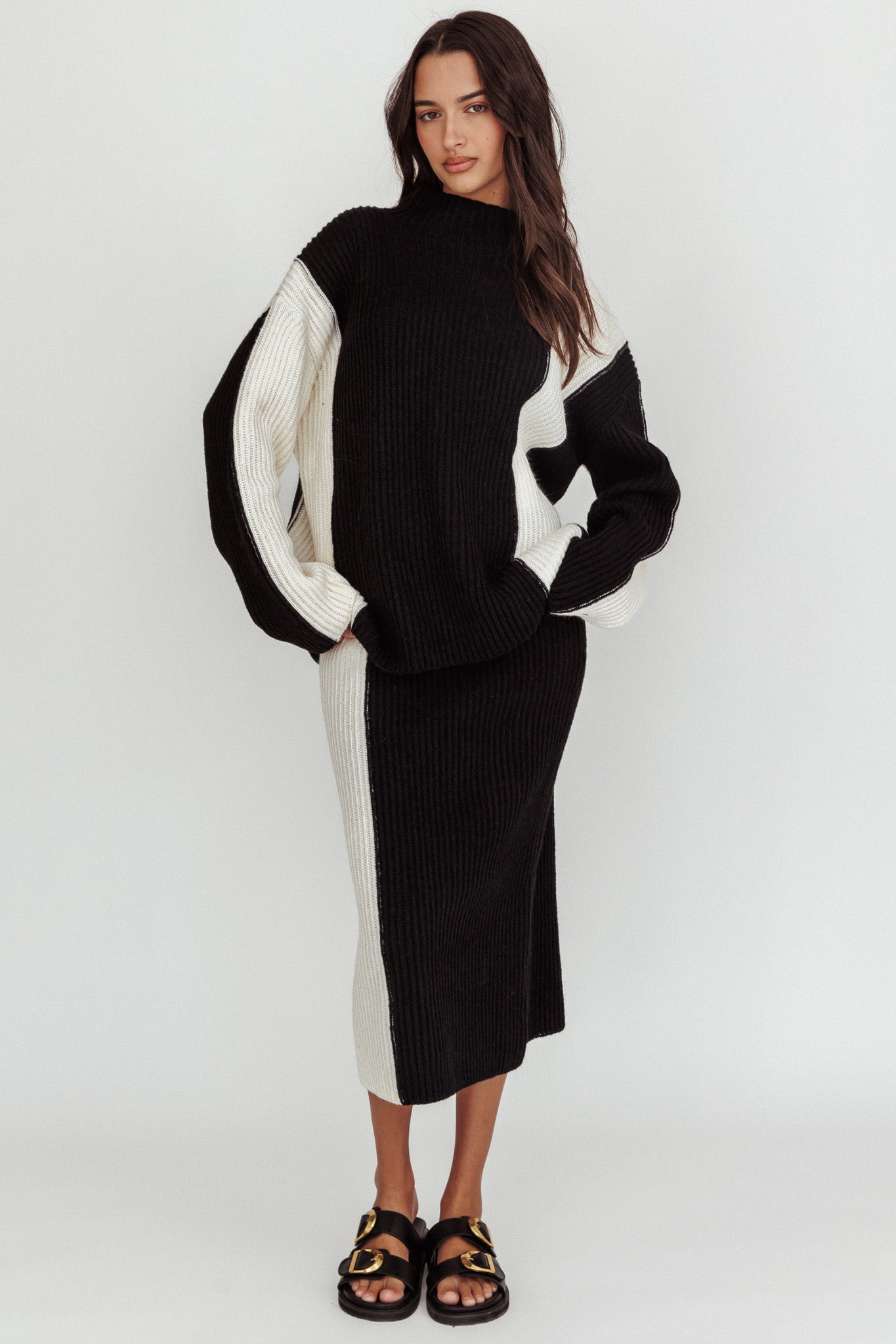 Eos Ribbed Knit Midi Skirt Black Cream-Maymioy