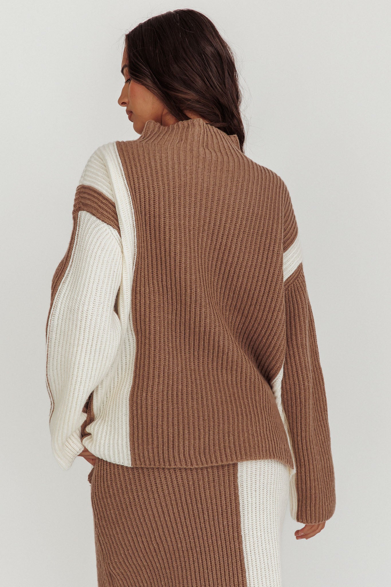 Eos Ribbed Mock Neck Knit Jumper Mocha Cream-Maymioy