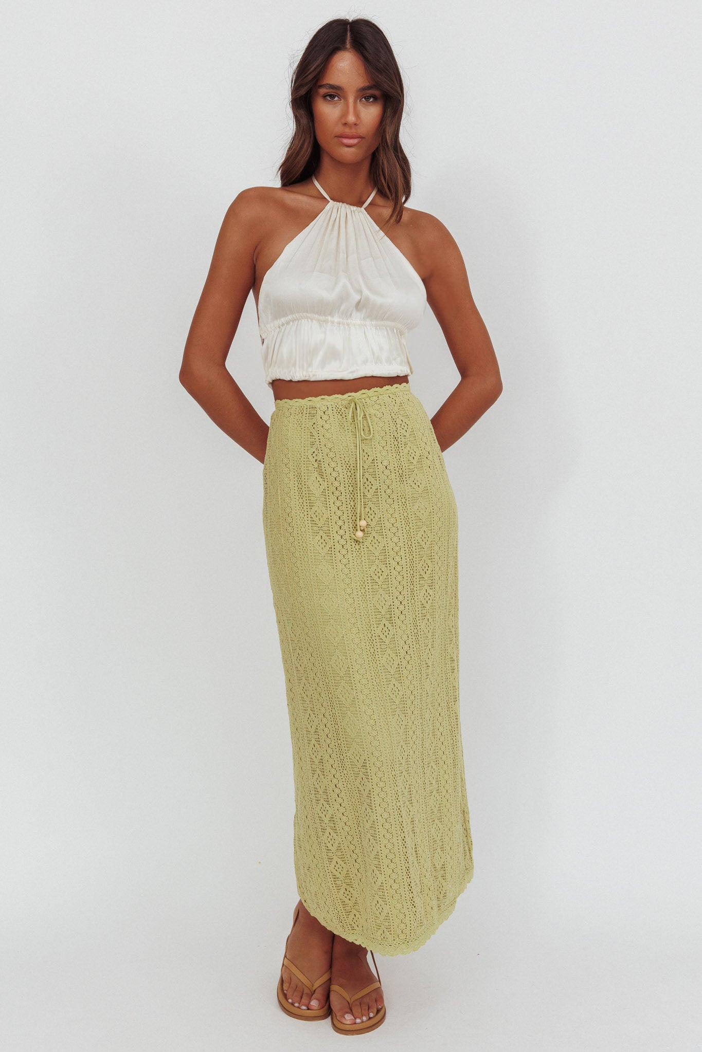 Days Away Crochet Lace Maxi Skirt Moss-Maymioy