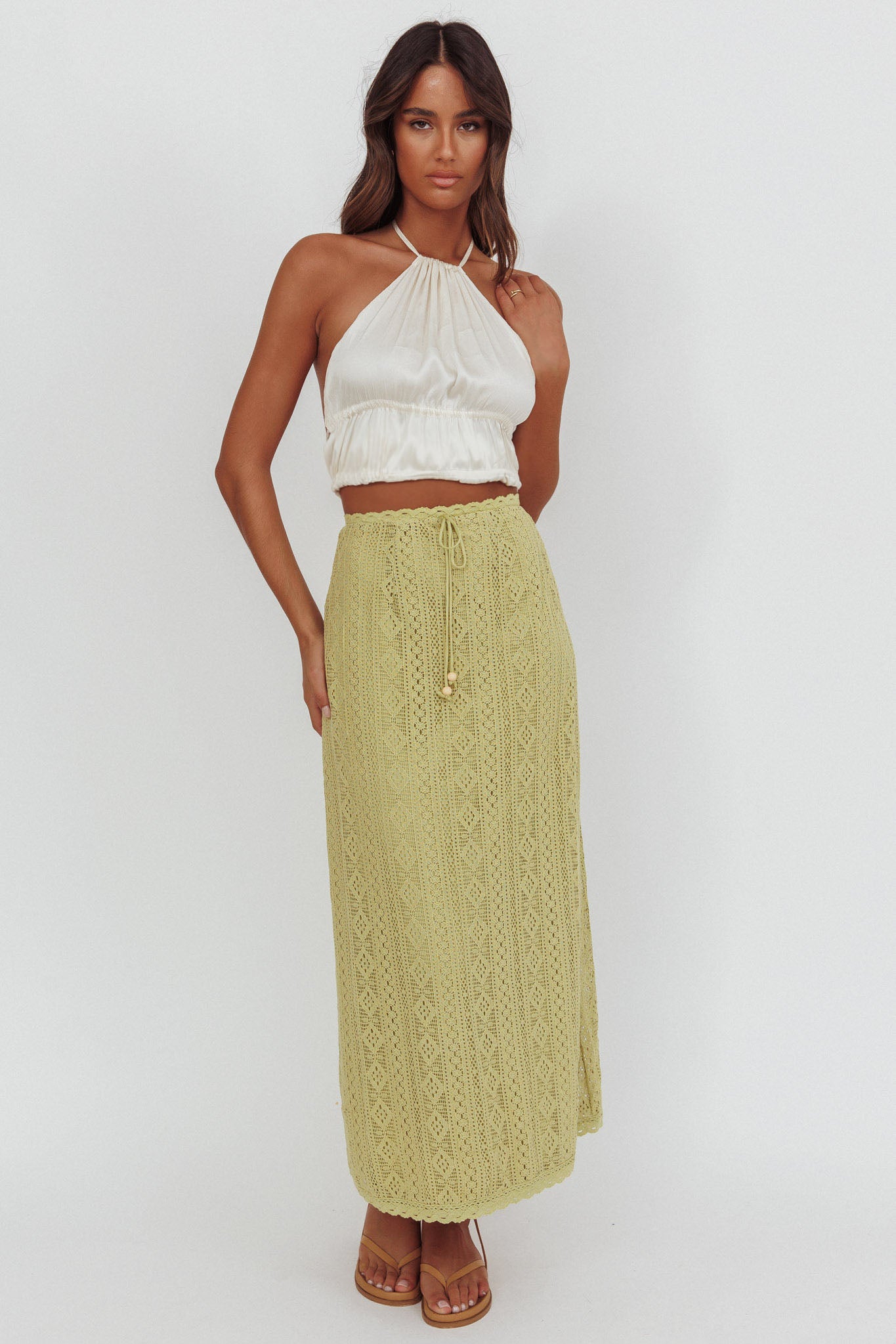 Days Away Crochet Lace Maxi Skirt Moss-Maymioy