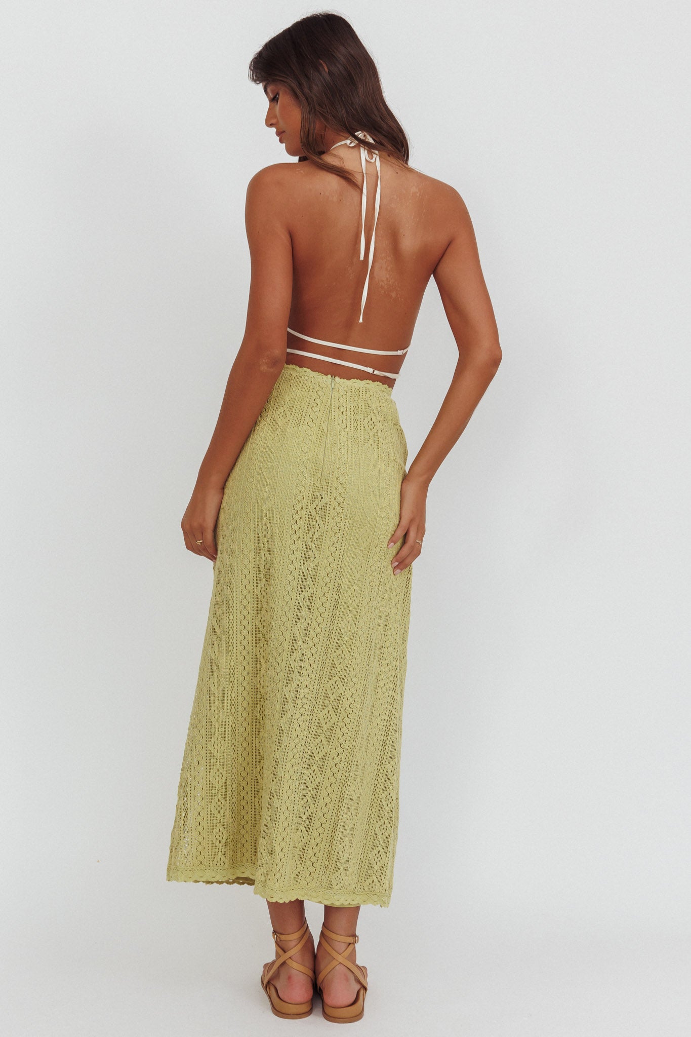 Days Away Crochet Lace Maxi Skirt Moss-Maymioy