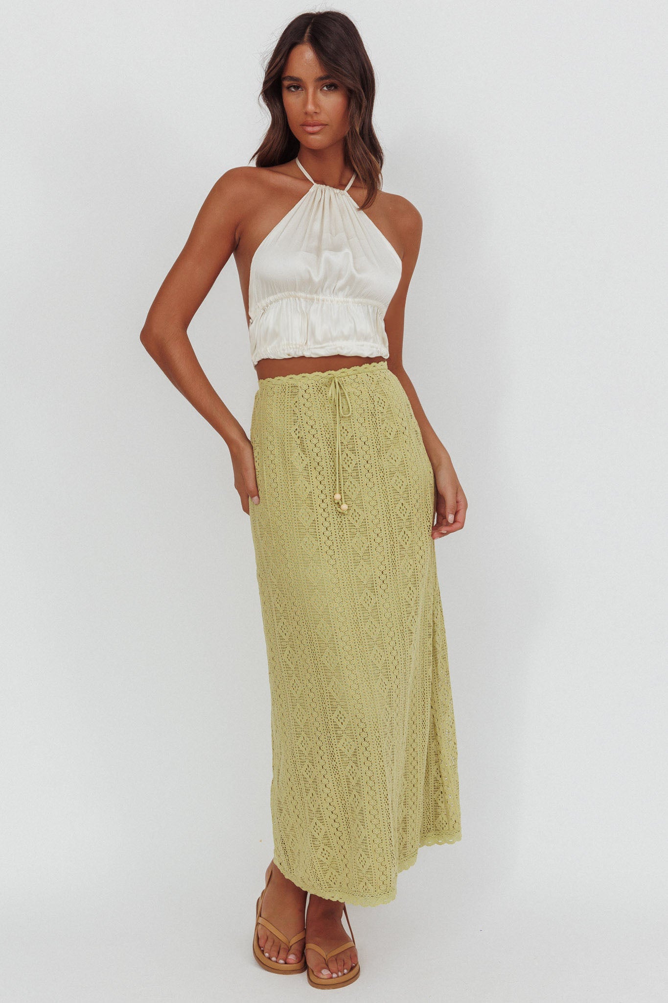 Days Away Crochet Lace Maxi Skirt Moss-Maymioy