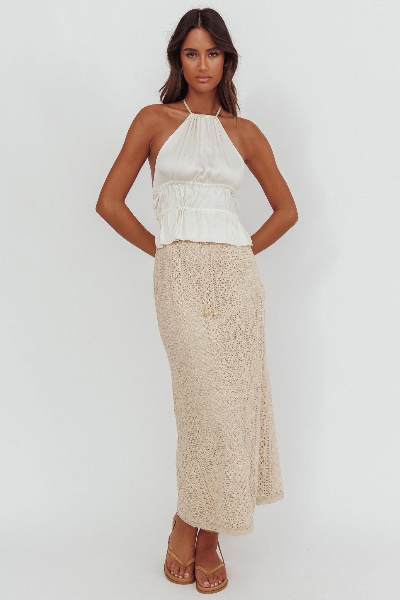 Days Away Crochet Lace Maxi Skirt Sand-Maymioy