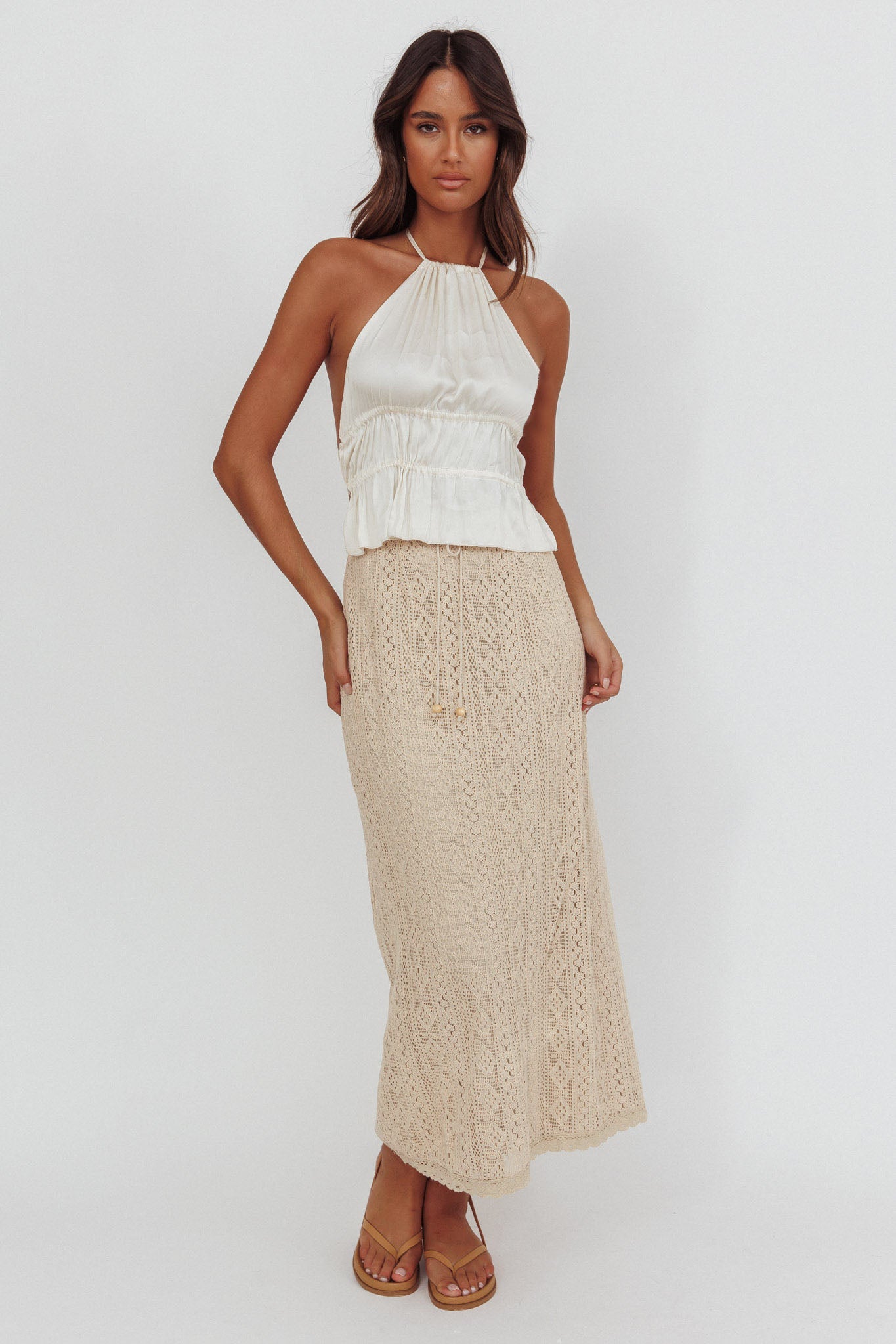 Days Away Crochet Lace Maxi Skirt Sand-Maymioy