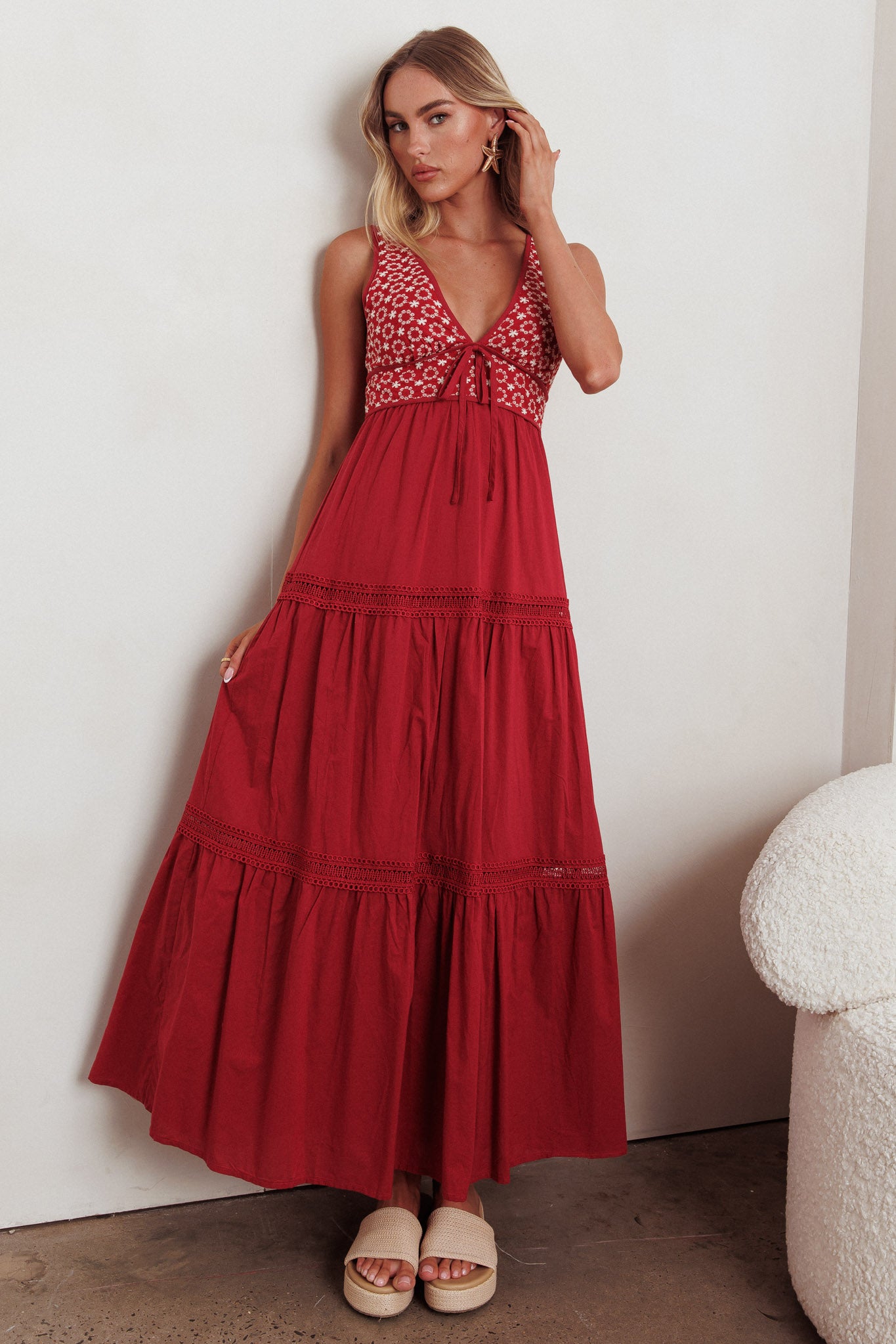 Joycelin V-Neck Eyelet Maxi Dress Red-Maymioy