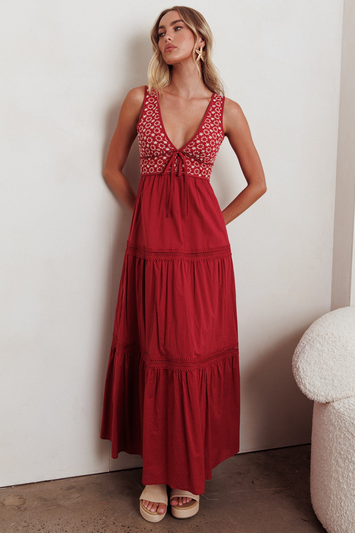 Joycelin V-Neck Eyelet Maxi Dress Red-Maymioy