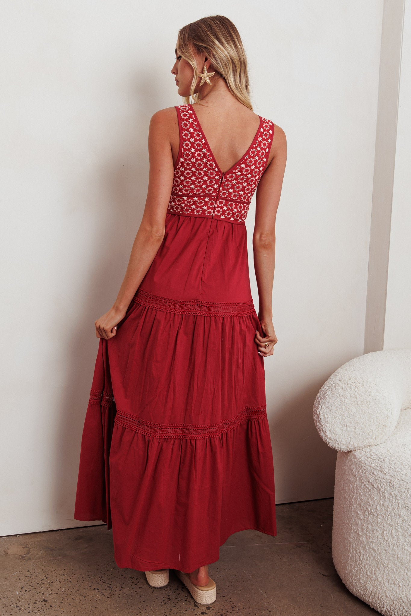Joycelin V-Neck Eyelet Maxi Dress Red-Maymioy