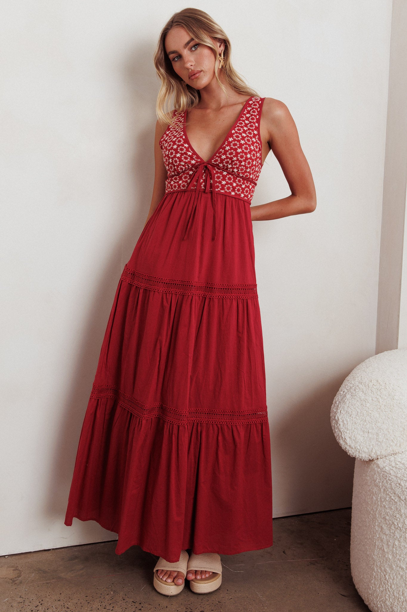 Joycelin V-Neck Eyelet Maxi Dress Red-Maymioy