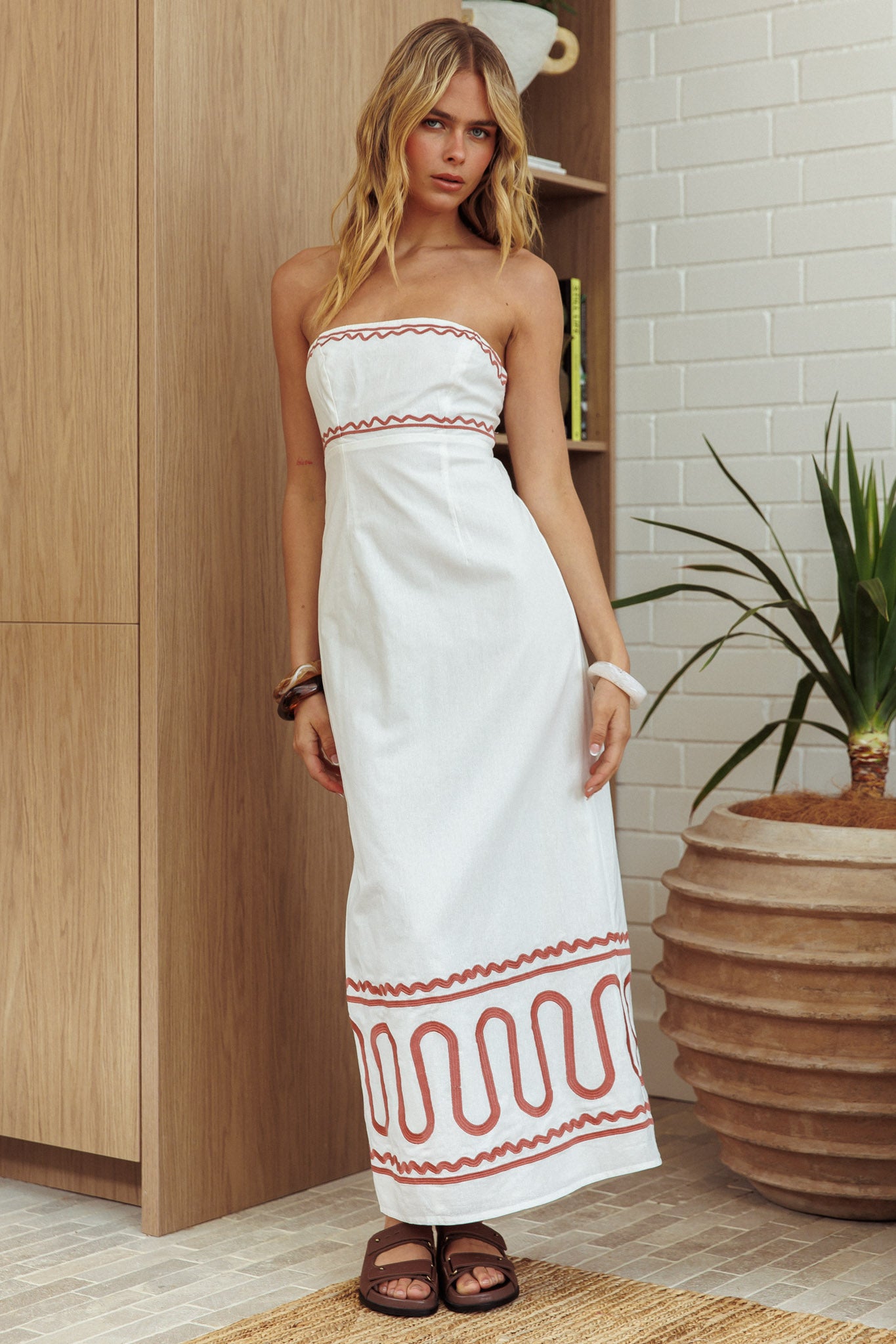 Jocasta Strapless Ric Rac Maxi Dress Off White-Maymioy