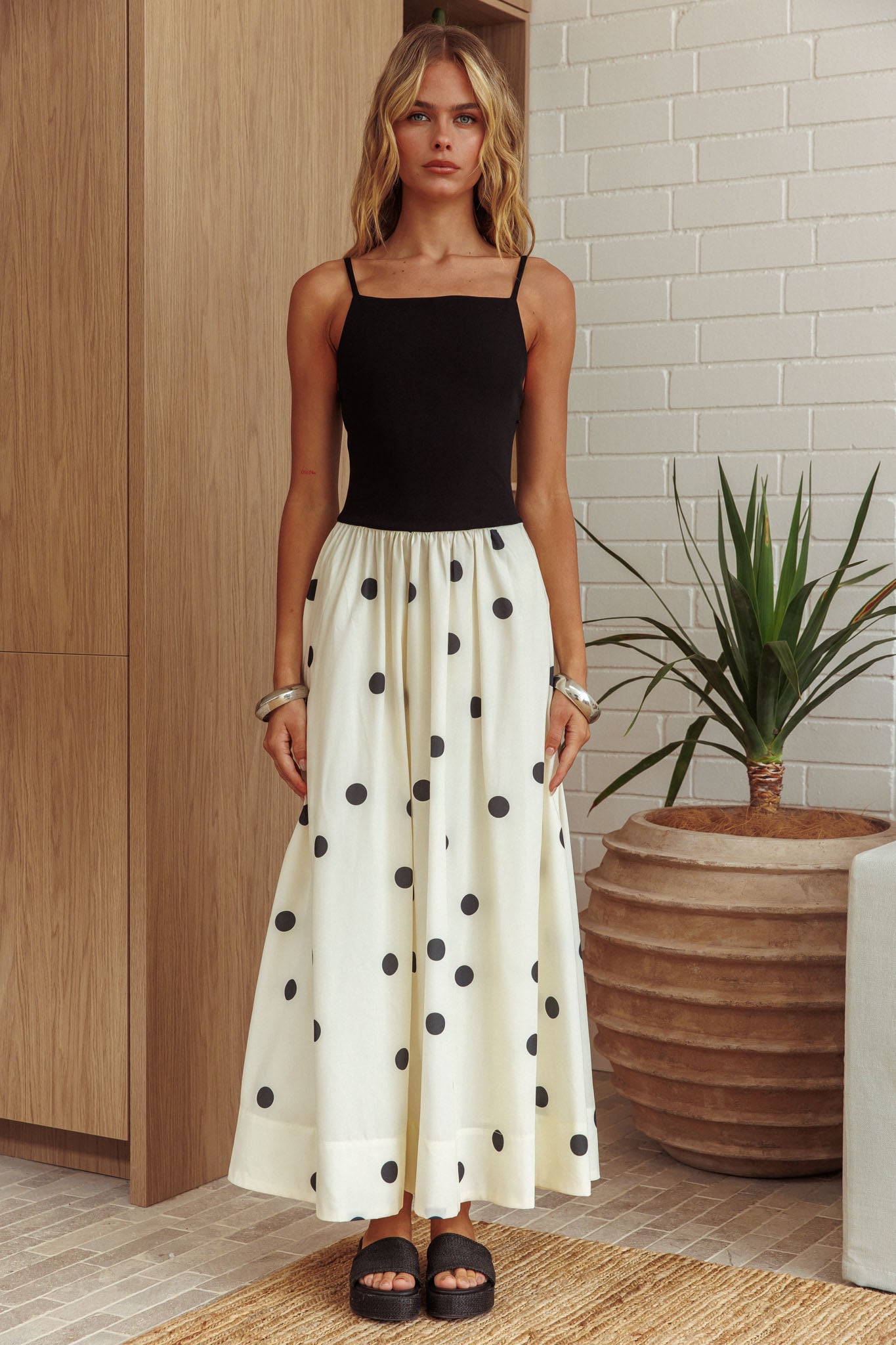 Melbourne Contrast Bodice Maxi Dress Polka Dot Black-Maymioy