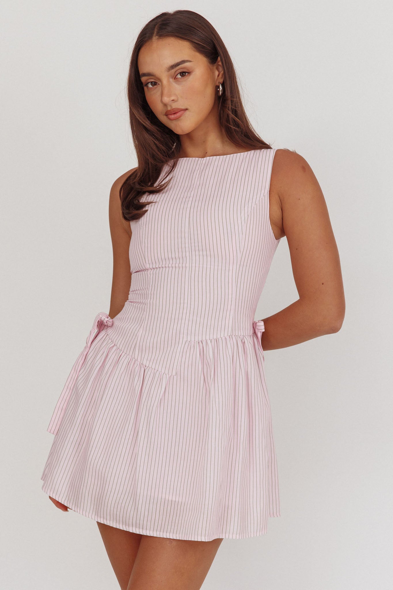 Teely Waist Bows Mini Dress Stripe Blush-Maymioy