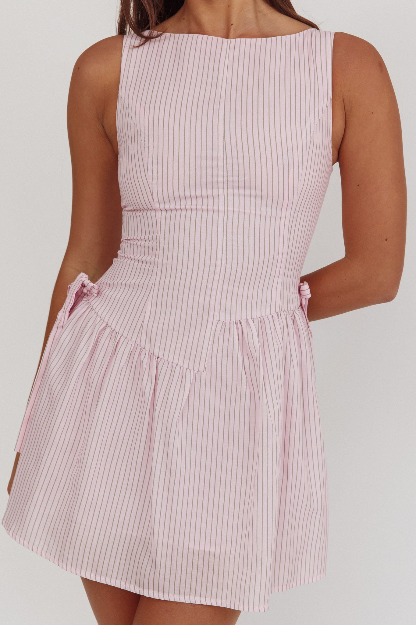 Teely Waist Bows Mini Dress Stripe Blush-Maymioy