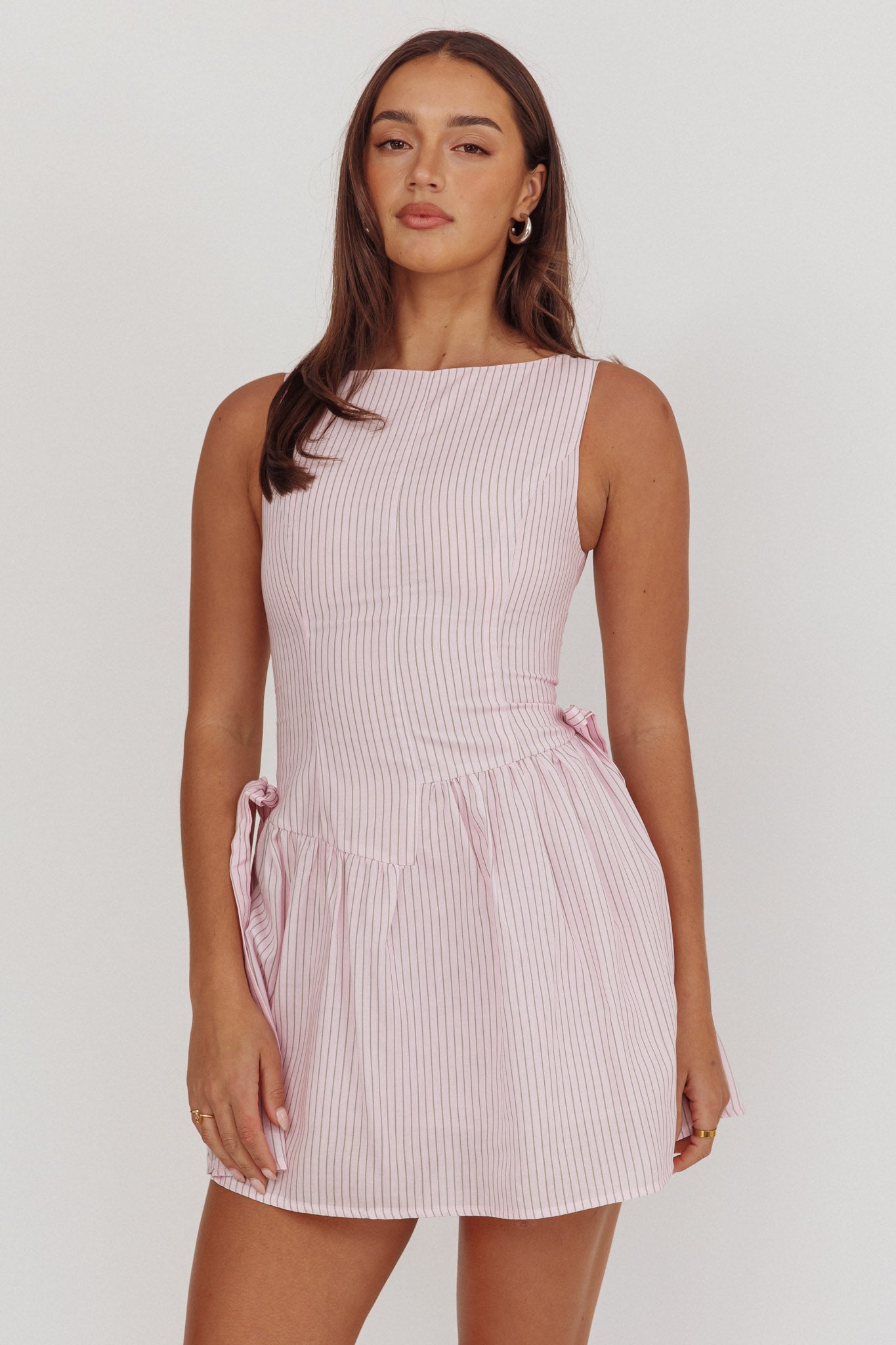 Teely Waist Bows Mini Dress Stripe Blush-Maymioy
