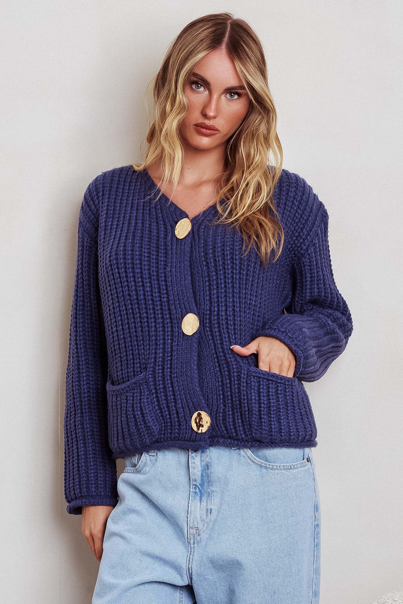 Cindie Chunky Knit Cardigan Navy-Maymioy