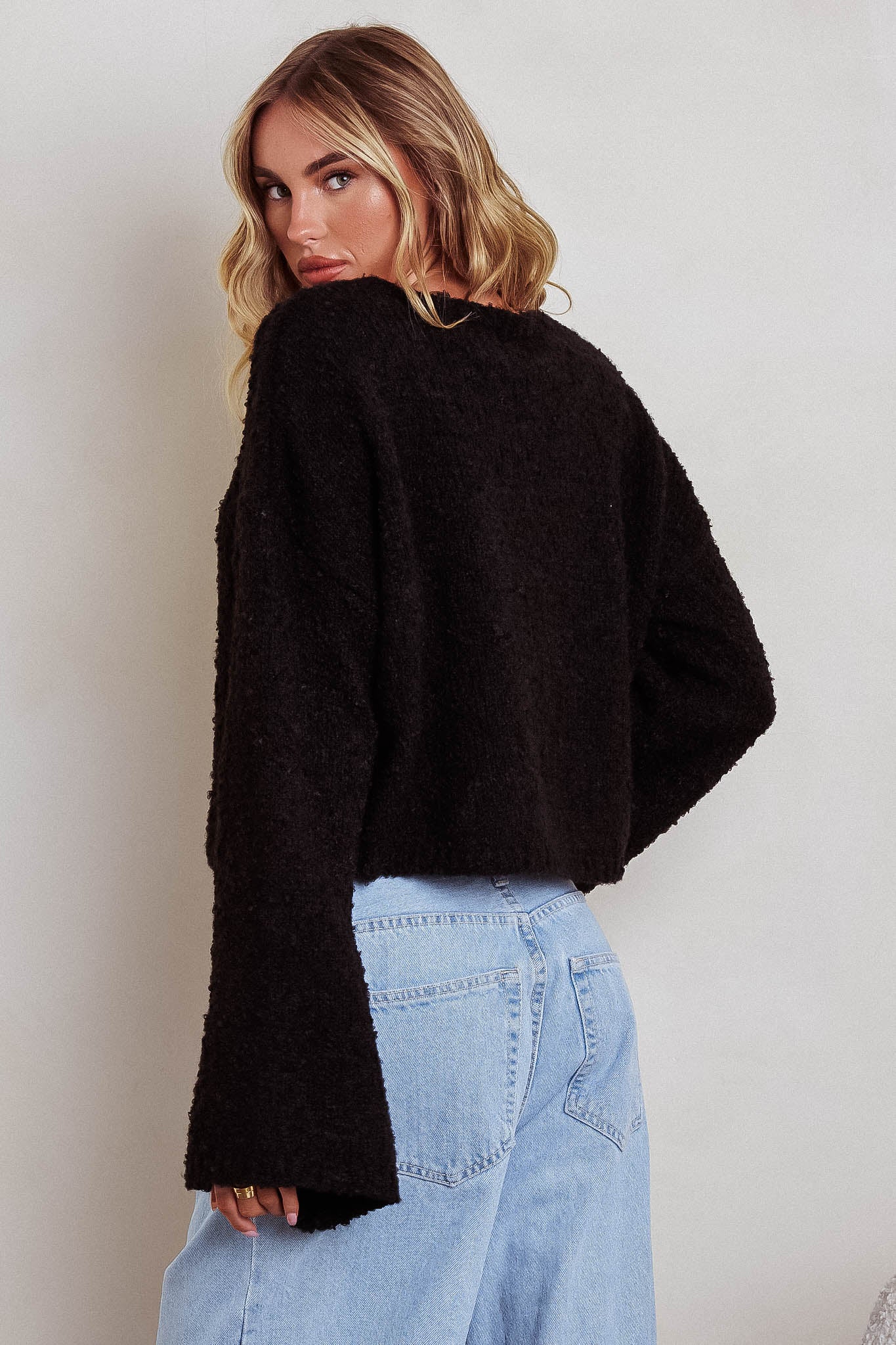 Strasbourg Flared Cuff Drop Shoulder Sweater Black-Maymioy