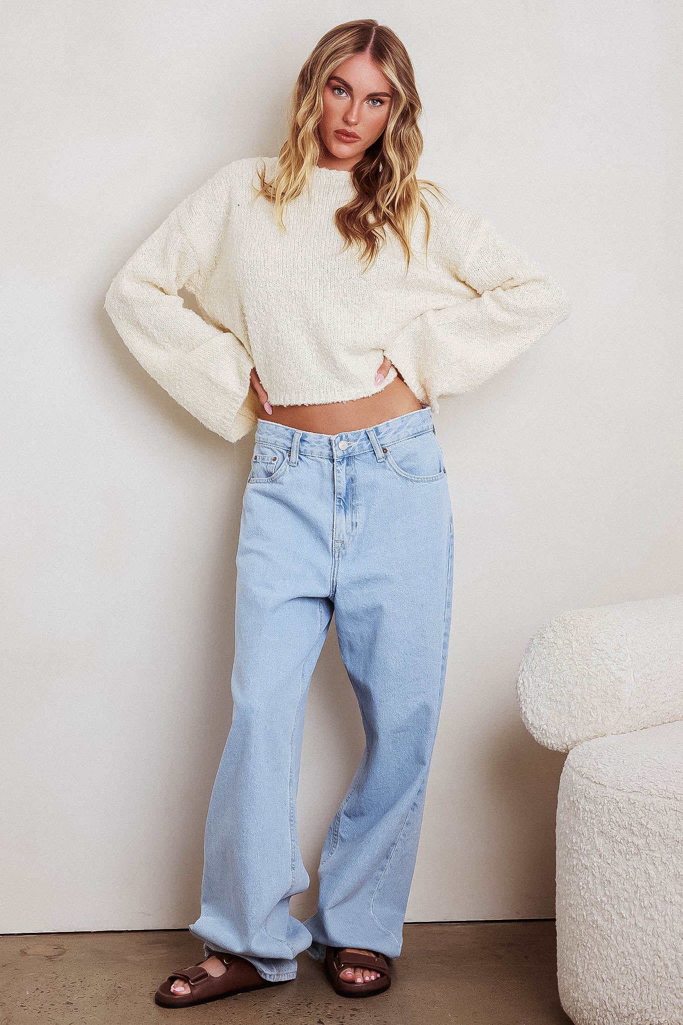 Strasbourg Flared Cuff Drop Shoulder Sweater Cream-Maymioy