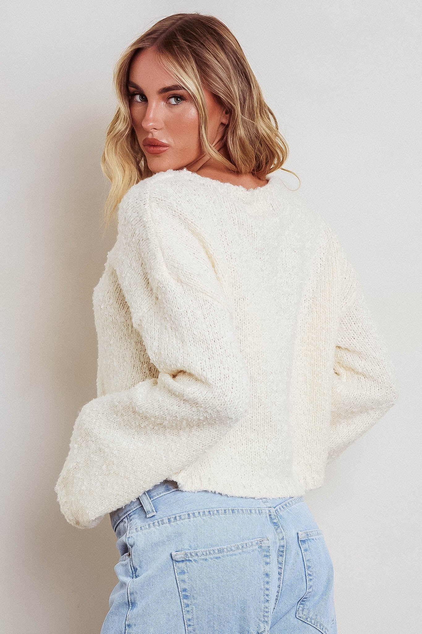 Strasbourg Flared Cuff Drop Shoulder Sweater Cream-Maymioy